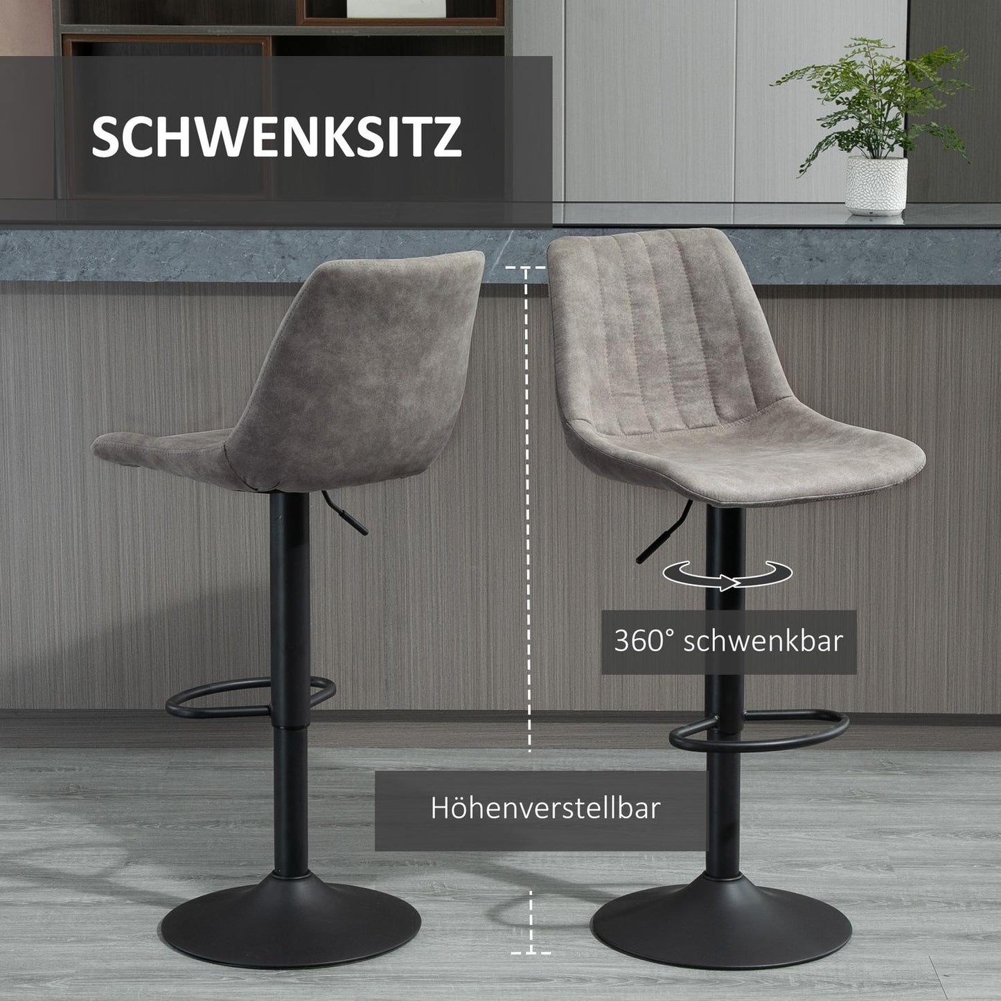 2-Piece Retro Bar Stools, Grey Microfiber, Adjustable Height