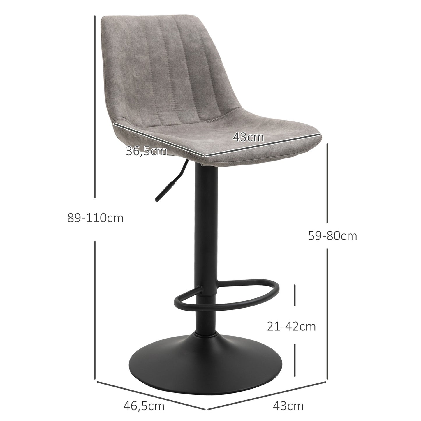 2-Piece Retro Bar Stools, Grey Microfiber, Adjustable Height