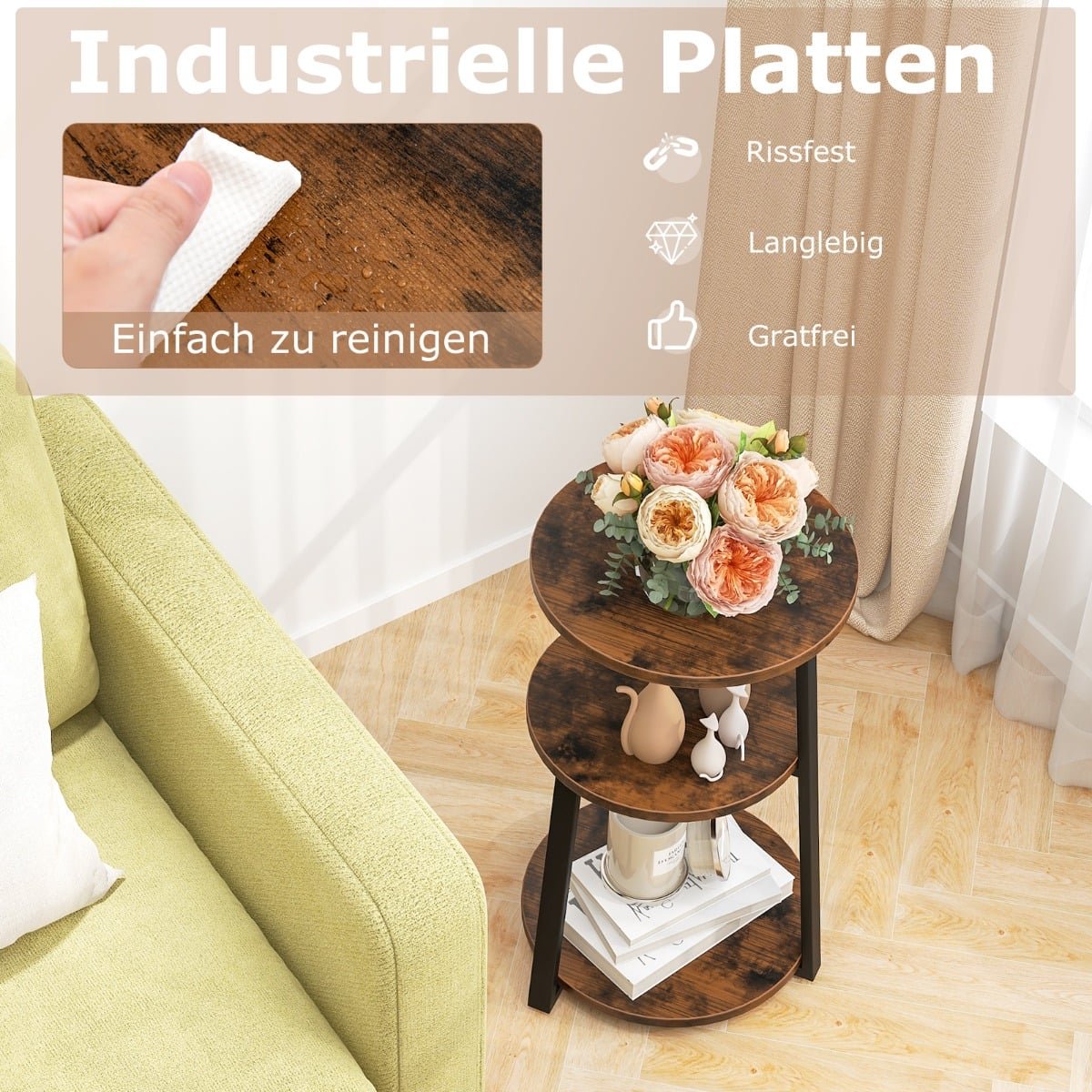 2-Piece Round Metal Frame Side Tables with Adjustable Feet