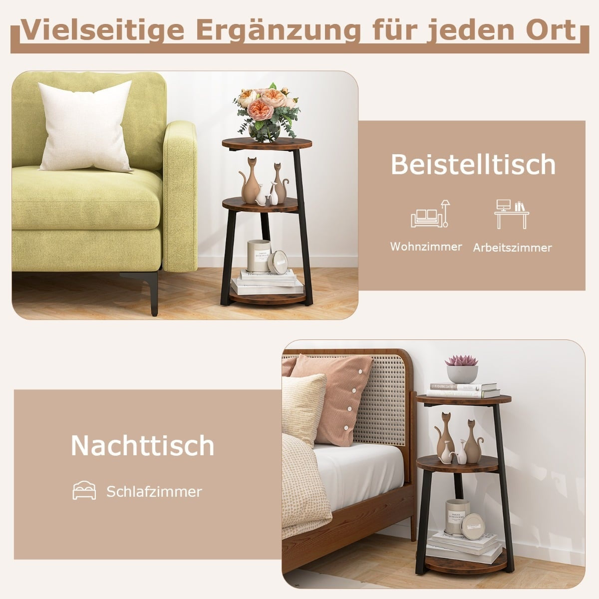 2-Piece Round Metal Frame Side Tables with Adjustable Feet