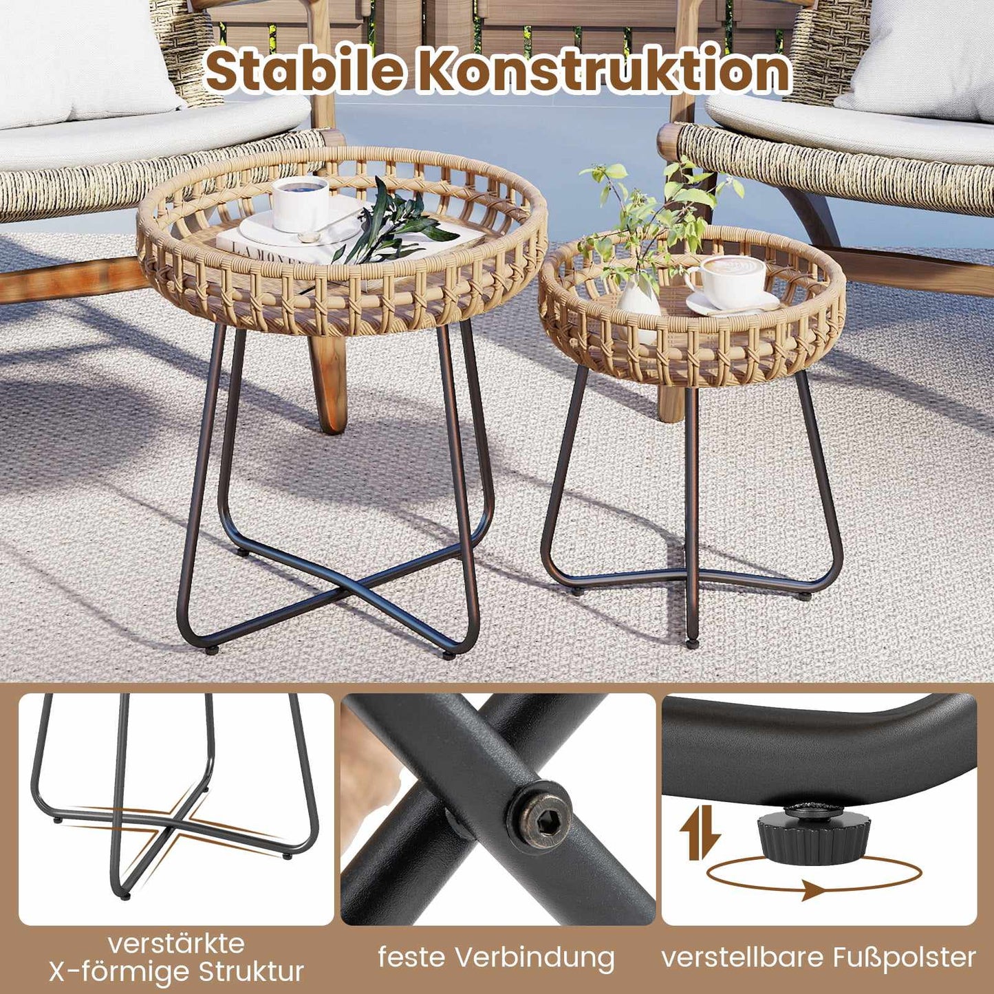 2-Piece Round Outdoor Rattan Side Table Set with Metal Frame