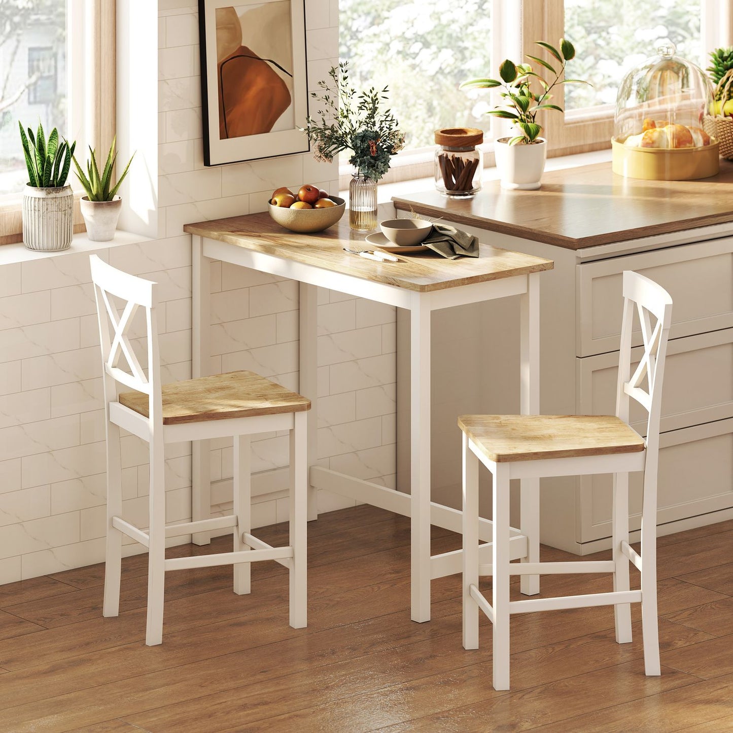 2-Piece Rubberwood Bar Stools, Oak & White, 60 cm Seat