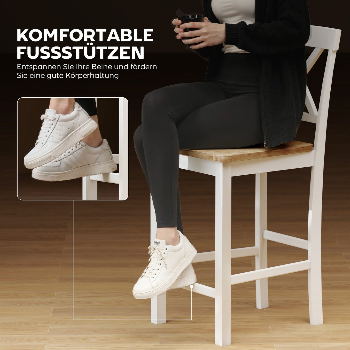 2-Piece Rubberwood Bar Stools, Oak & White, 60 cm Seat