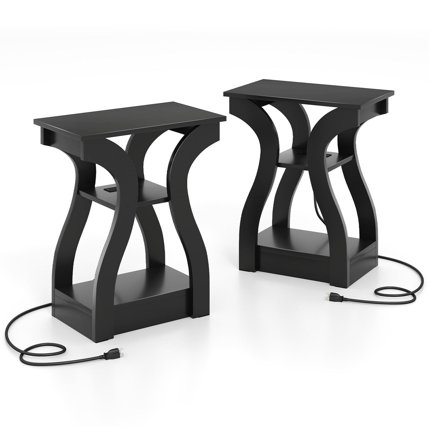 2-Piece Side Table Set with Charging Station, Black