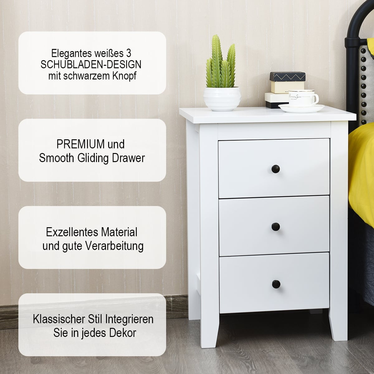 2-Piece White Nightstand Set with 3 Drawers, 46x37x65 cm