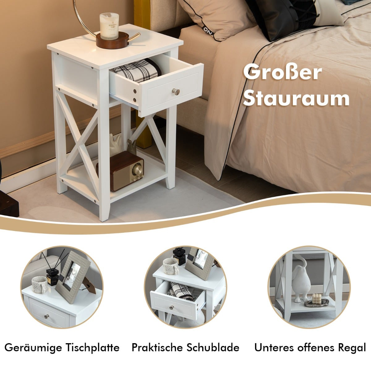 2-Piece White Nightstand Set with Drawer and Shelf