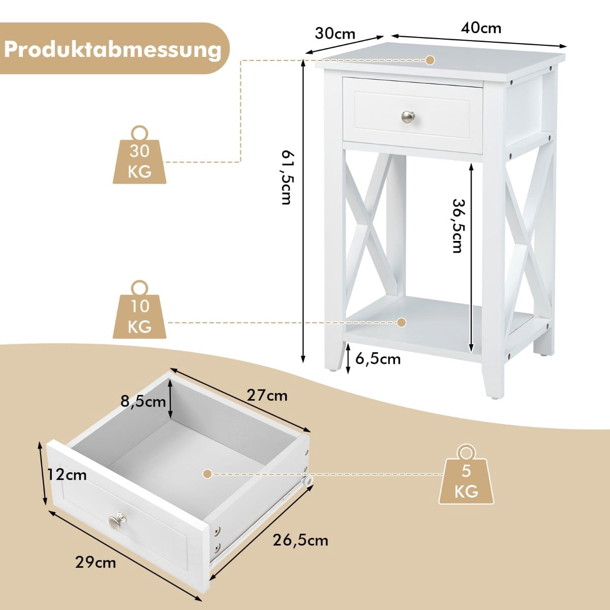 2-Piece White Nightstand Set with Drawer and Shelf