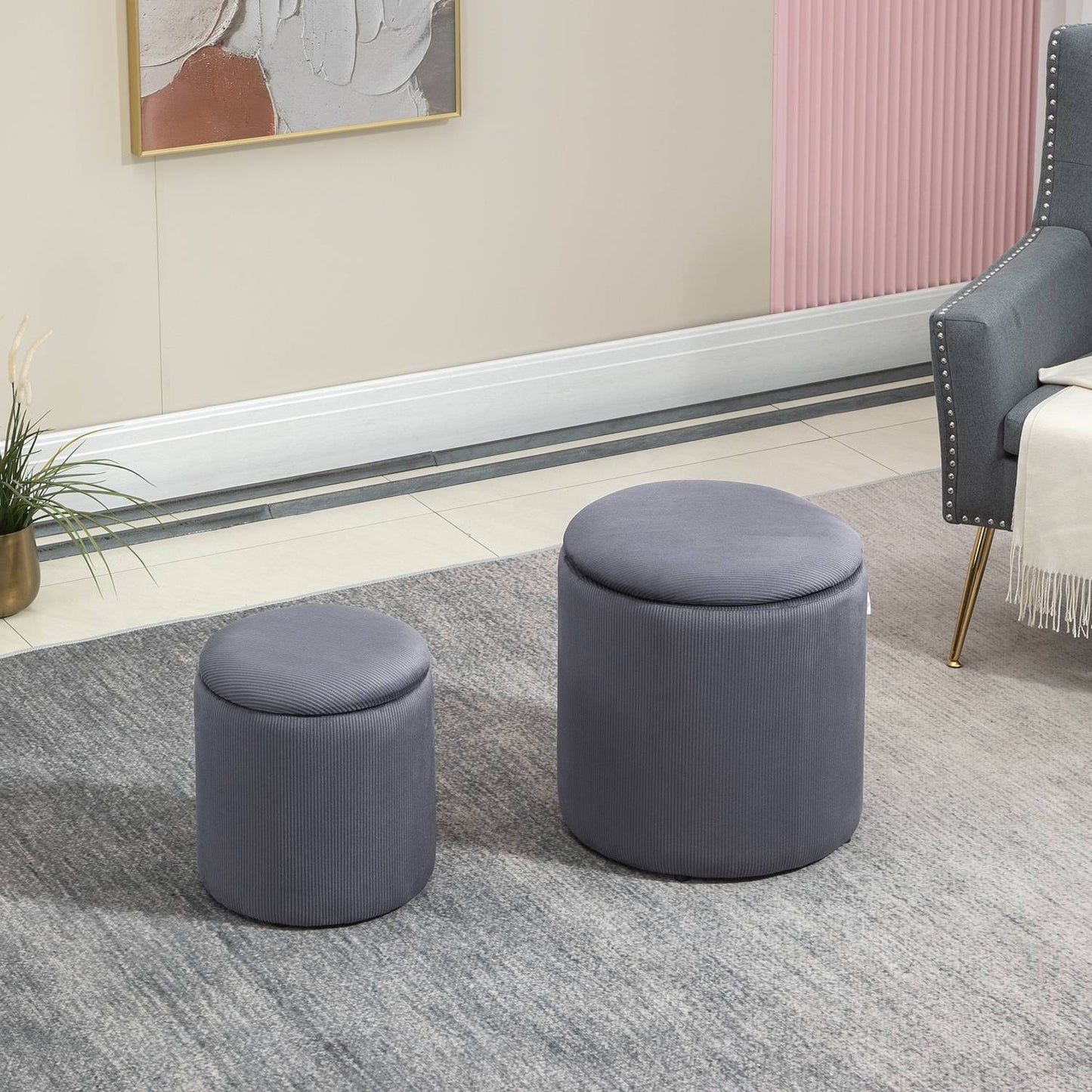 Gray 2-seater cord Ottoman with storage, removable cover