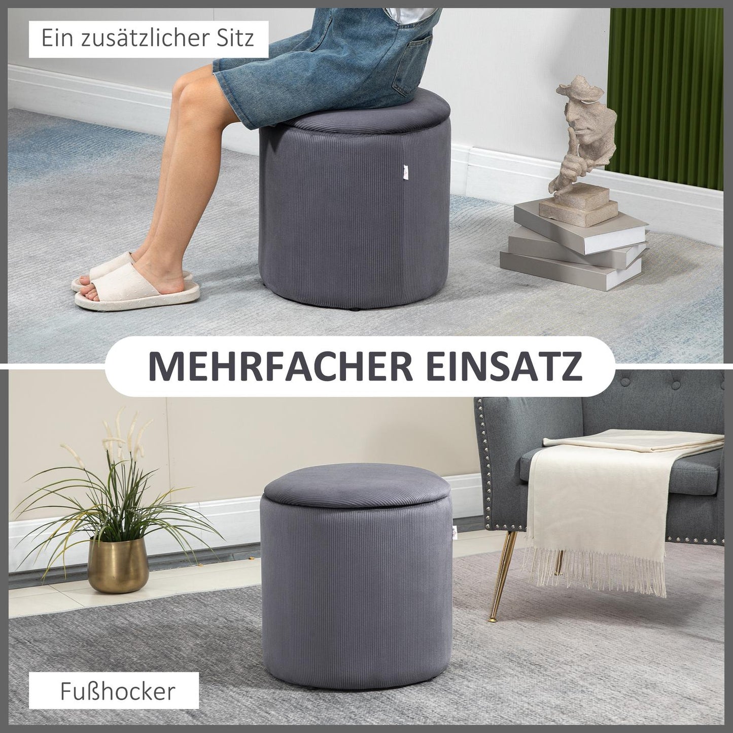 Gray 2-seater cord Ottoman with storage, removable cover
