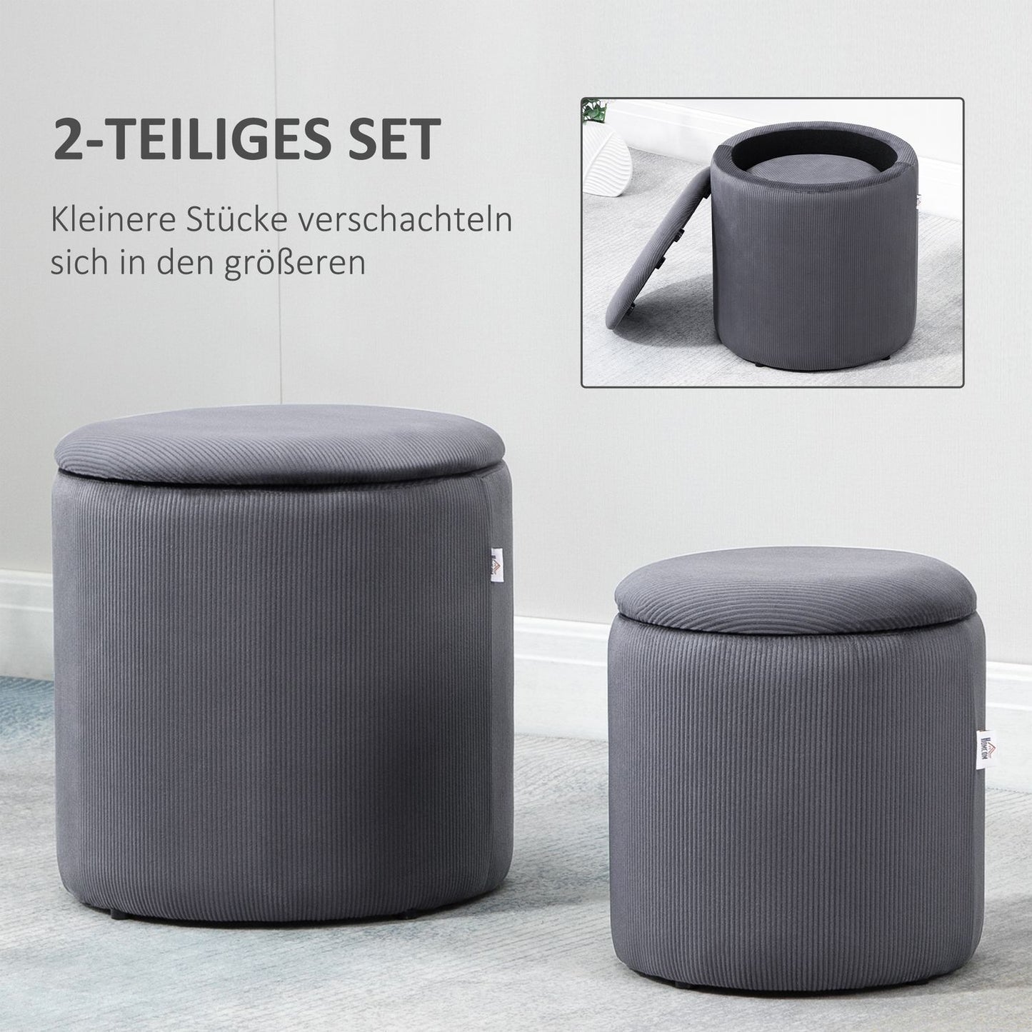Gray 2-seater cord Ottoman with storage, removable cover