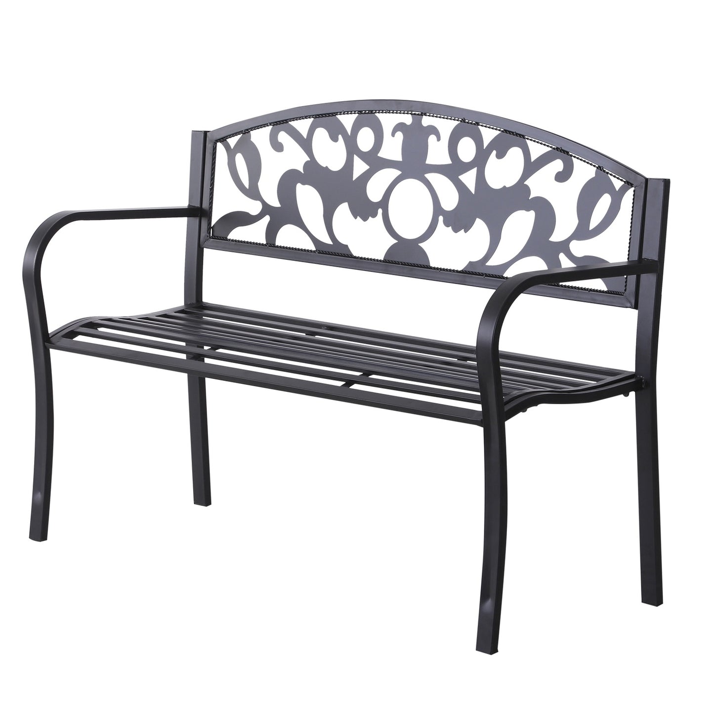 Outdoor metal garden bench, black 2-seater with armrests