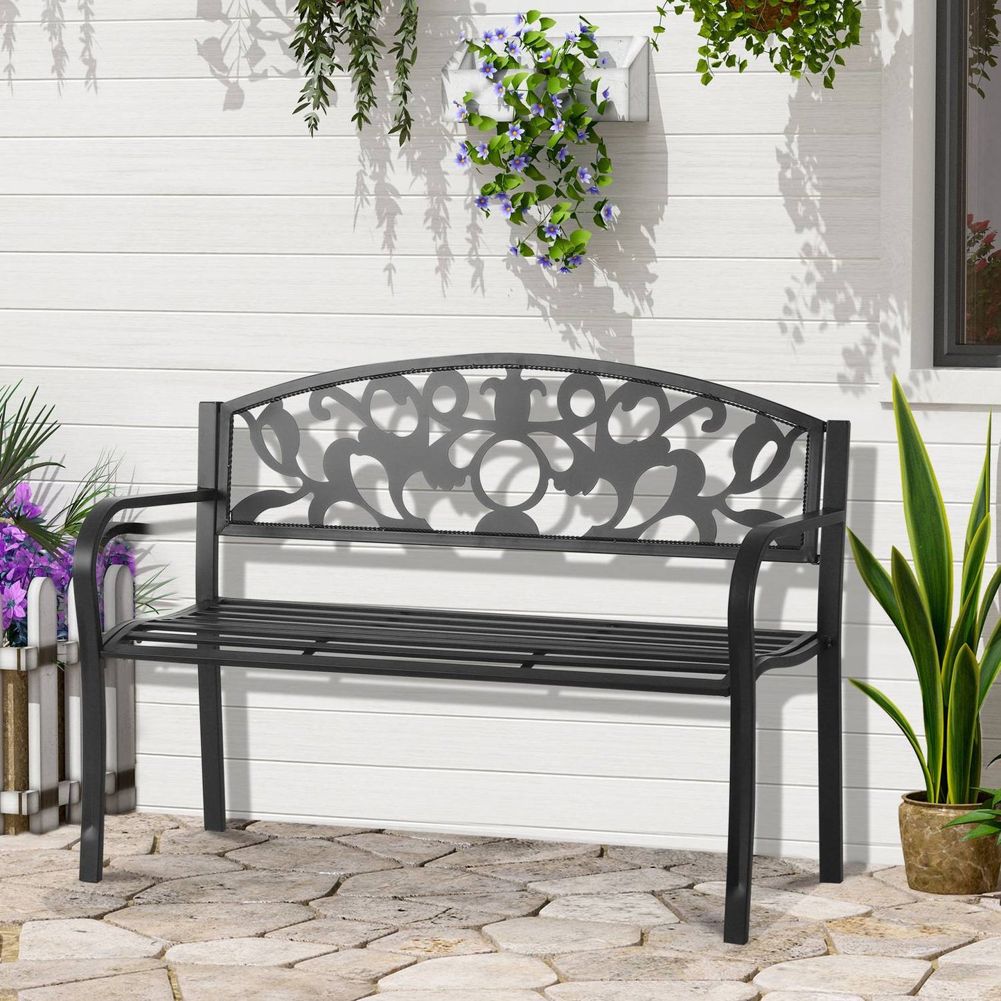 Outdoor metal garden bench, black 2-seater with armrests
