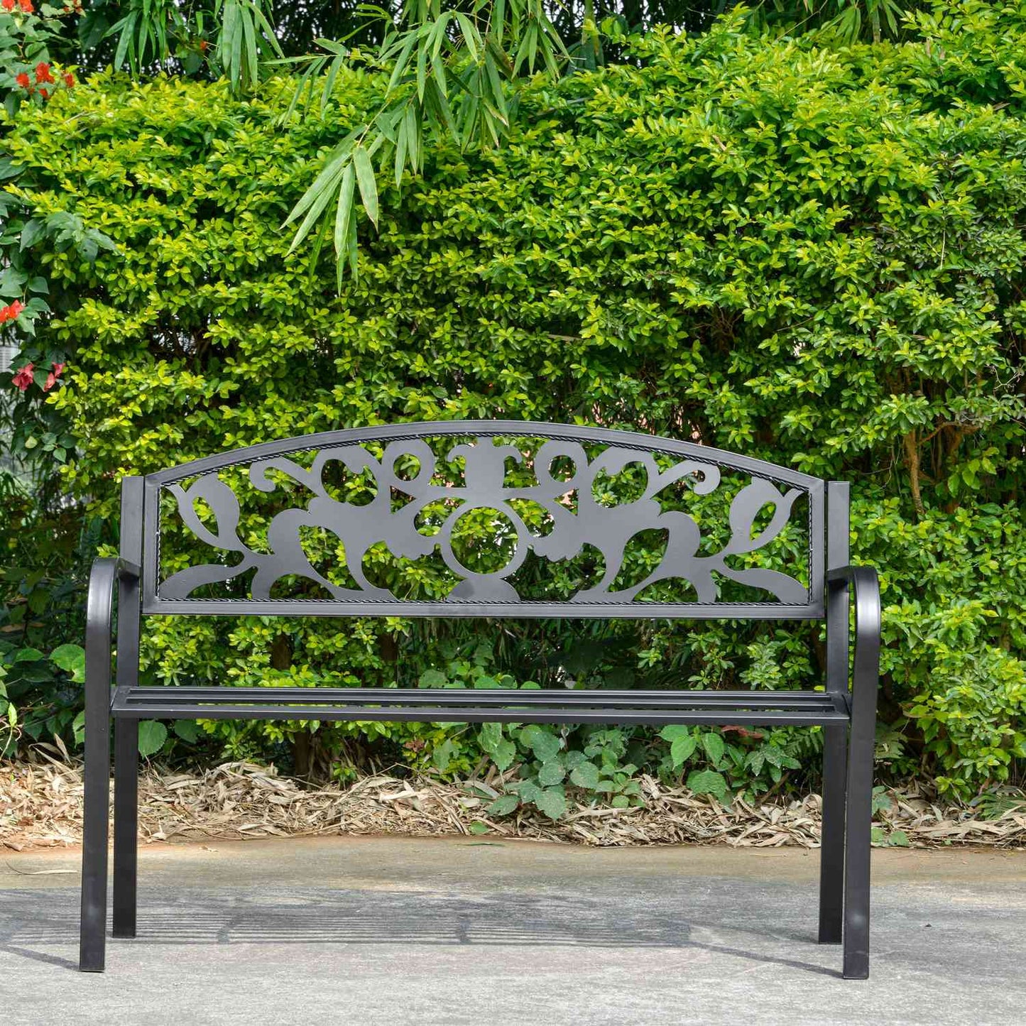 Outdoor metal garden bench, black 2-seater with armrests