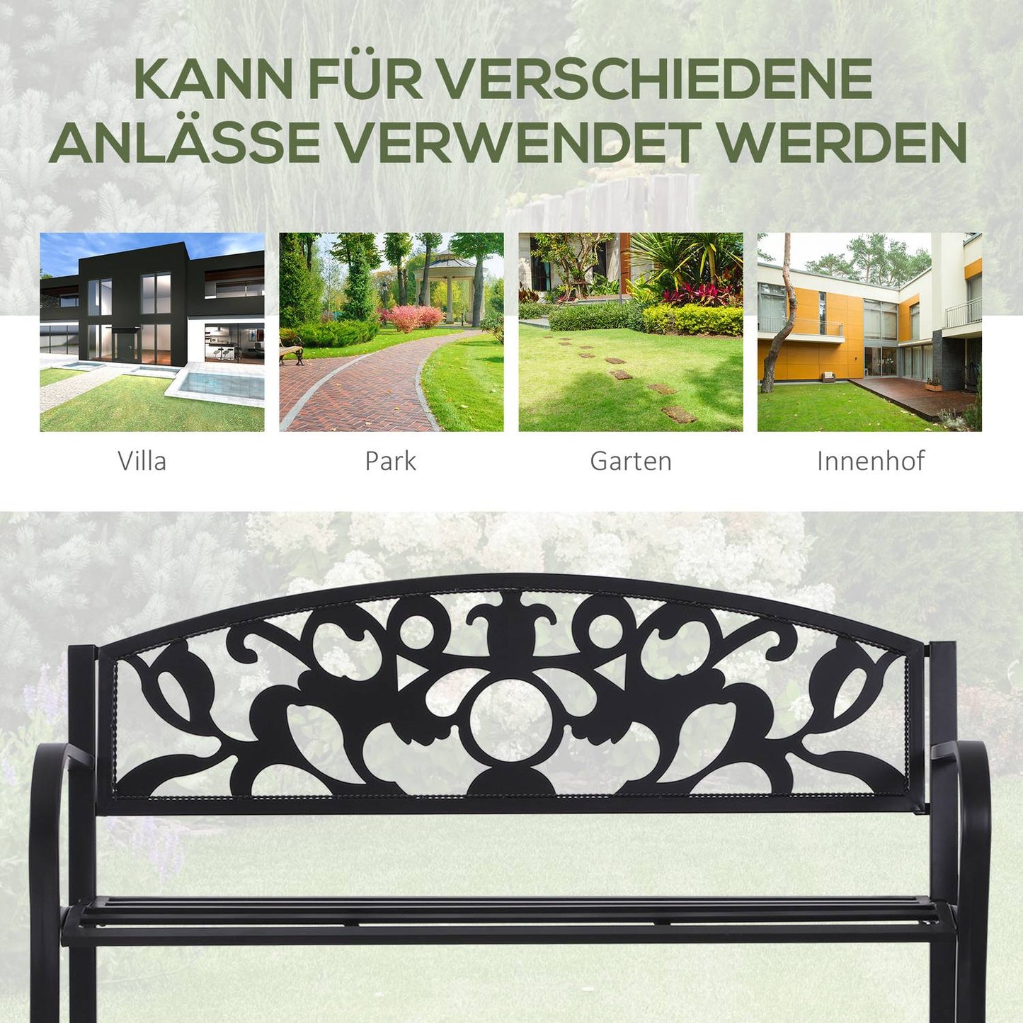 Outdoor metal garden bench, black 2-seater with armrests