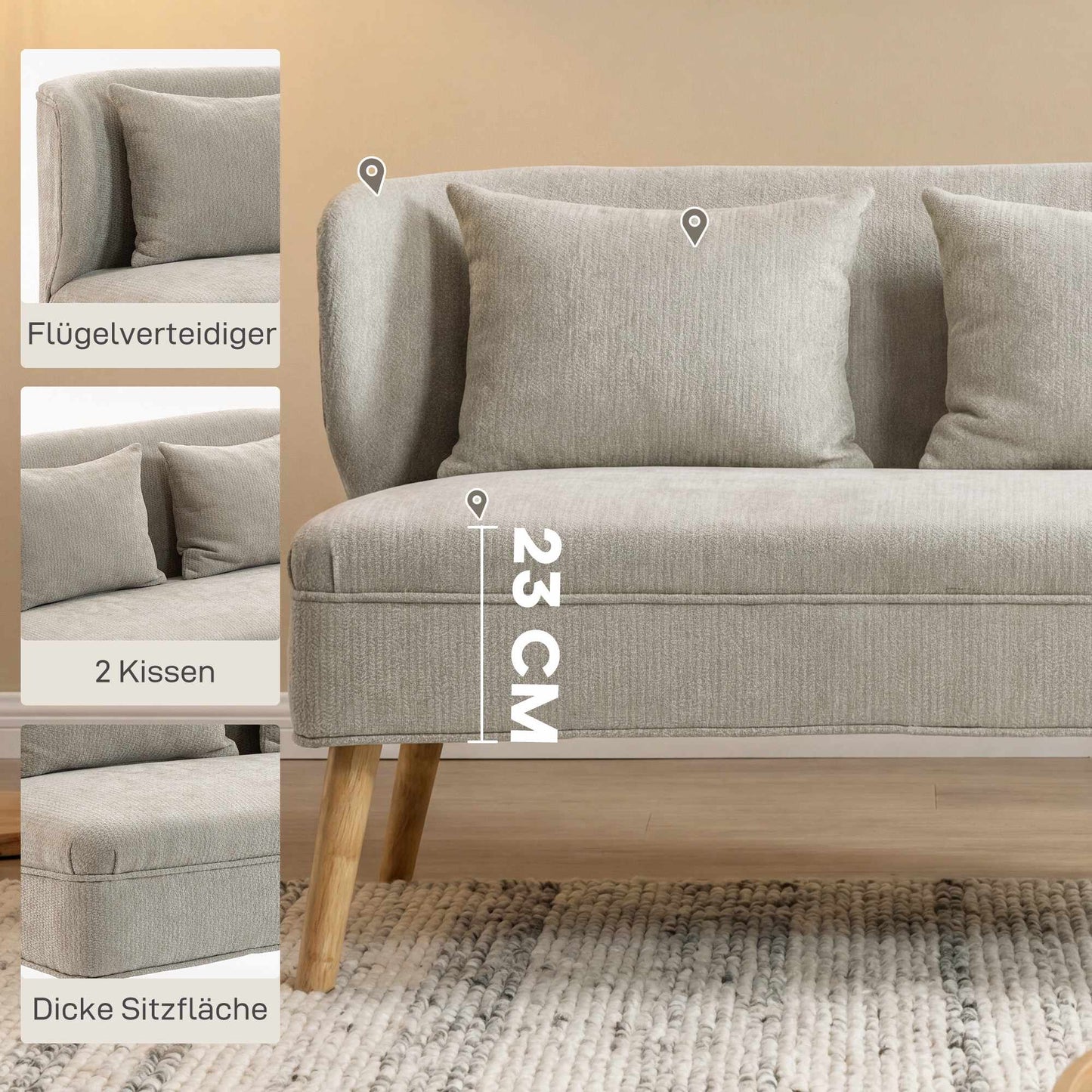2-Seater Chenille Sofa, Wingback, Rubberwood Legs, Beige