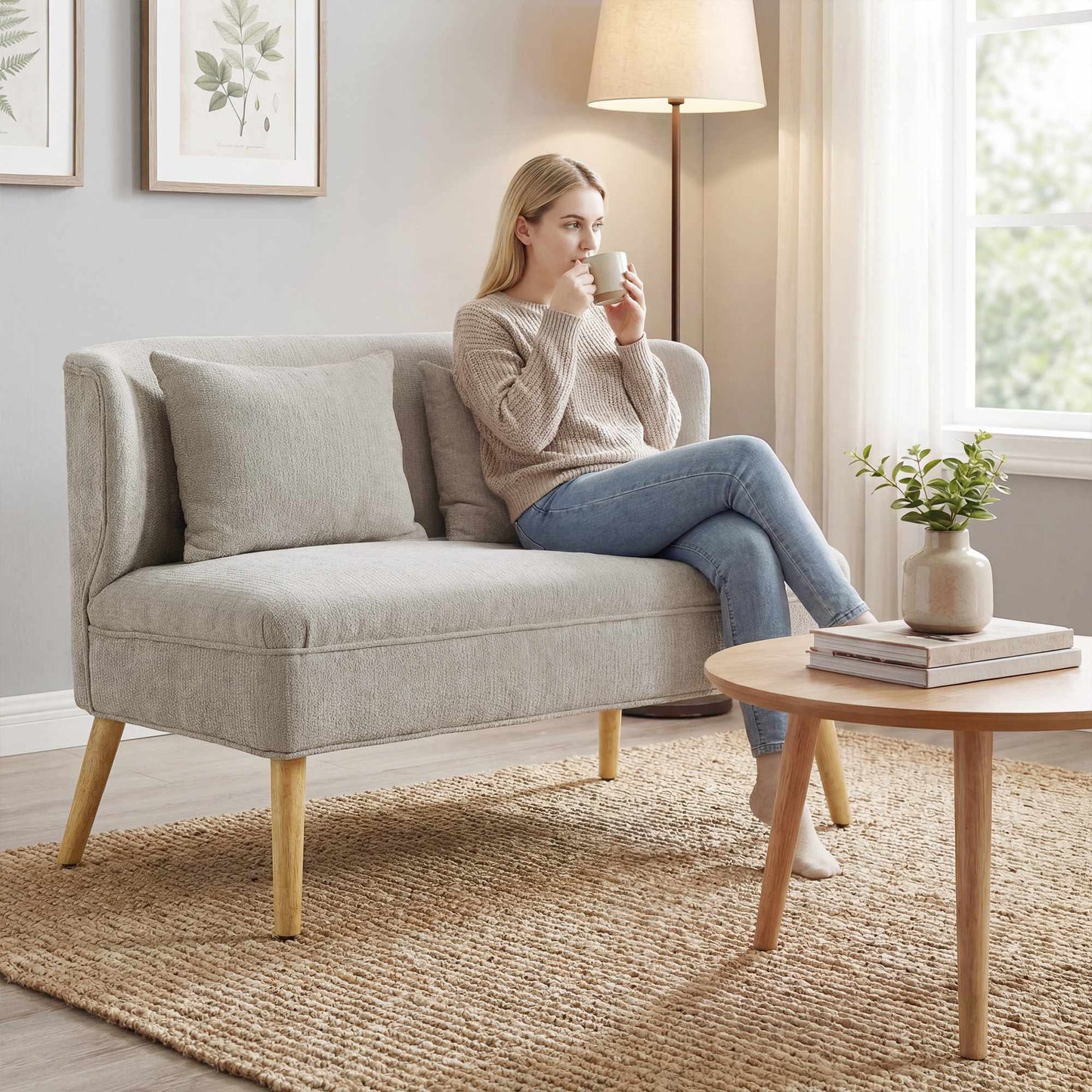 2-Seater Chenille Sofa, Wingback, Rubberwood Legs, Beige