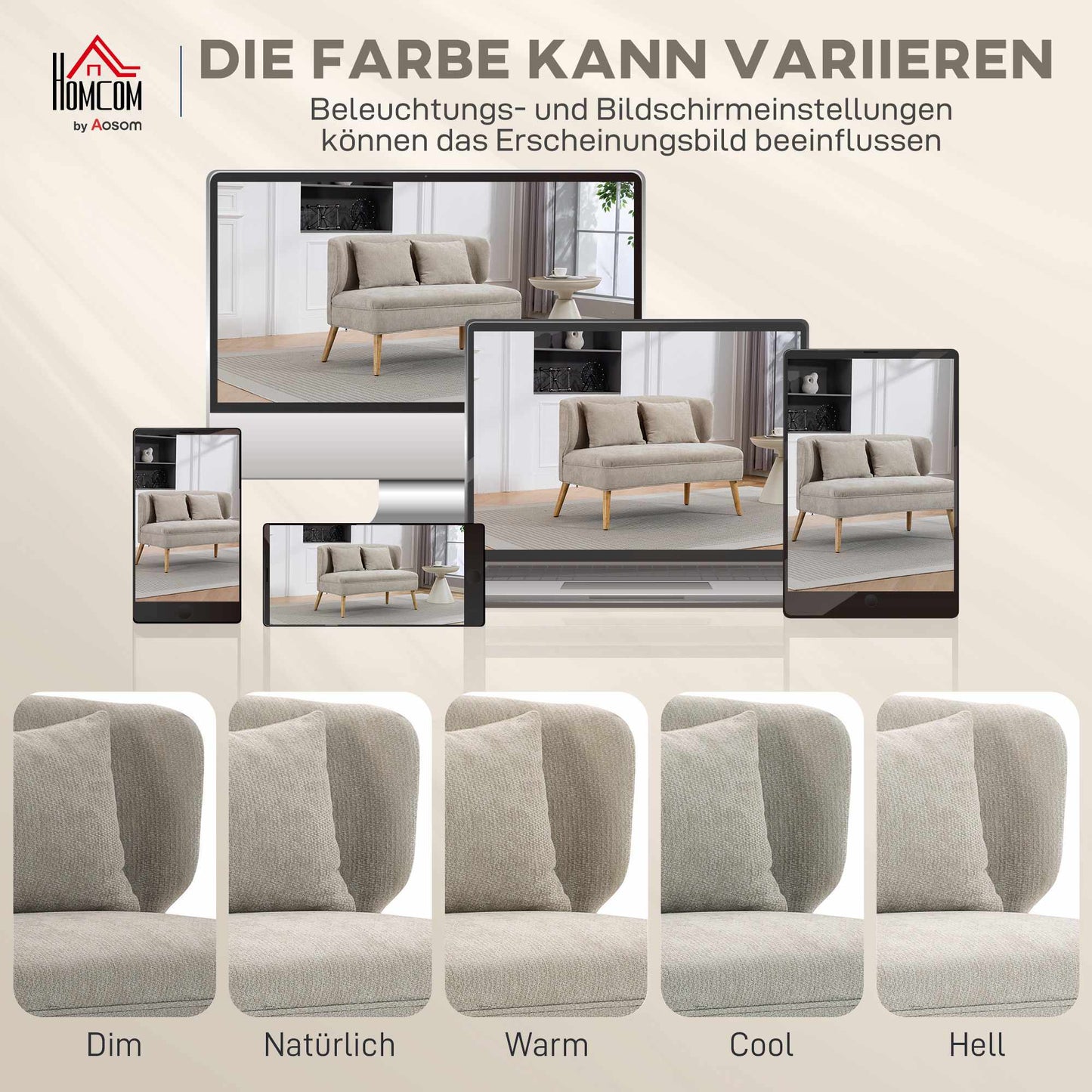 2-Seater Chenille Sofa, Wingback, Rubberwood Legs, Beige