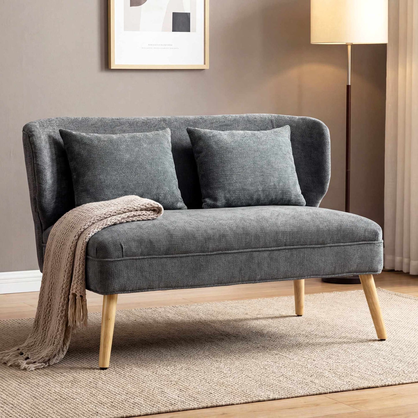 2-Seater Chenille Sofa, Wingback, Rubberwood Legs, Grey