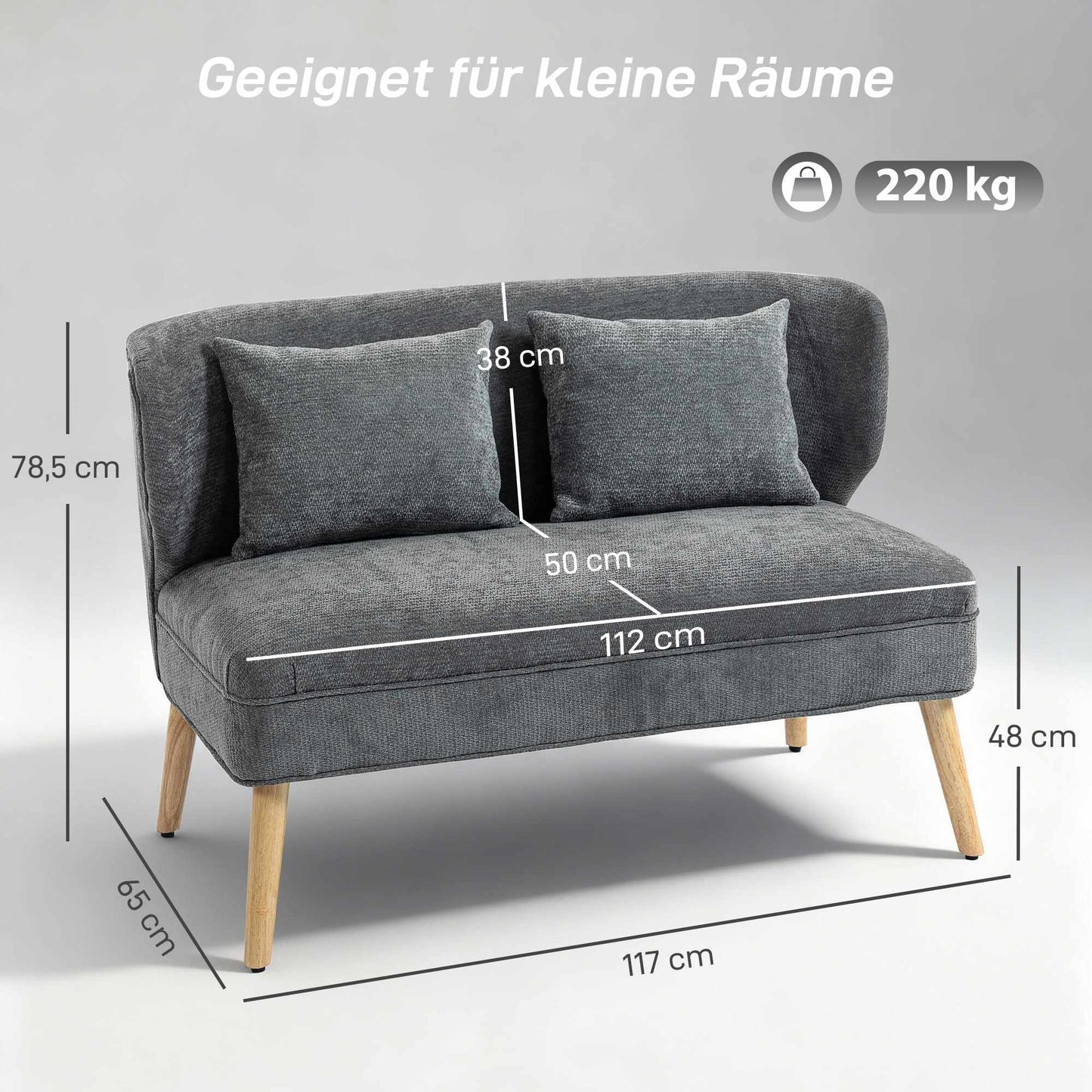 2-Seater Chenille Sofa, Wingback, Rubberwood Legs, Grey