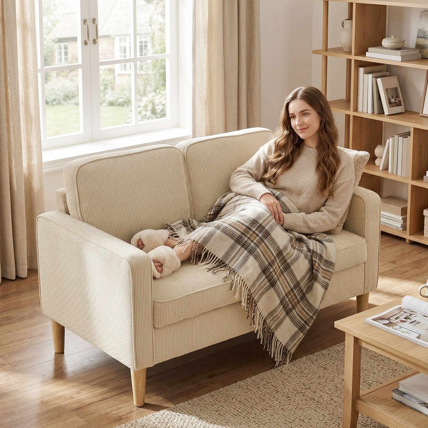 2-Seater Corduroy Sofa with Storage, Beige, 117 x 63 cm