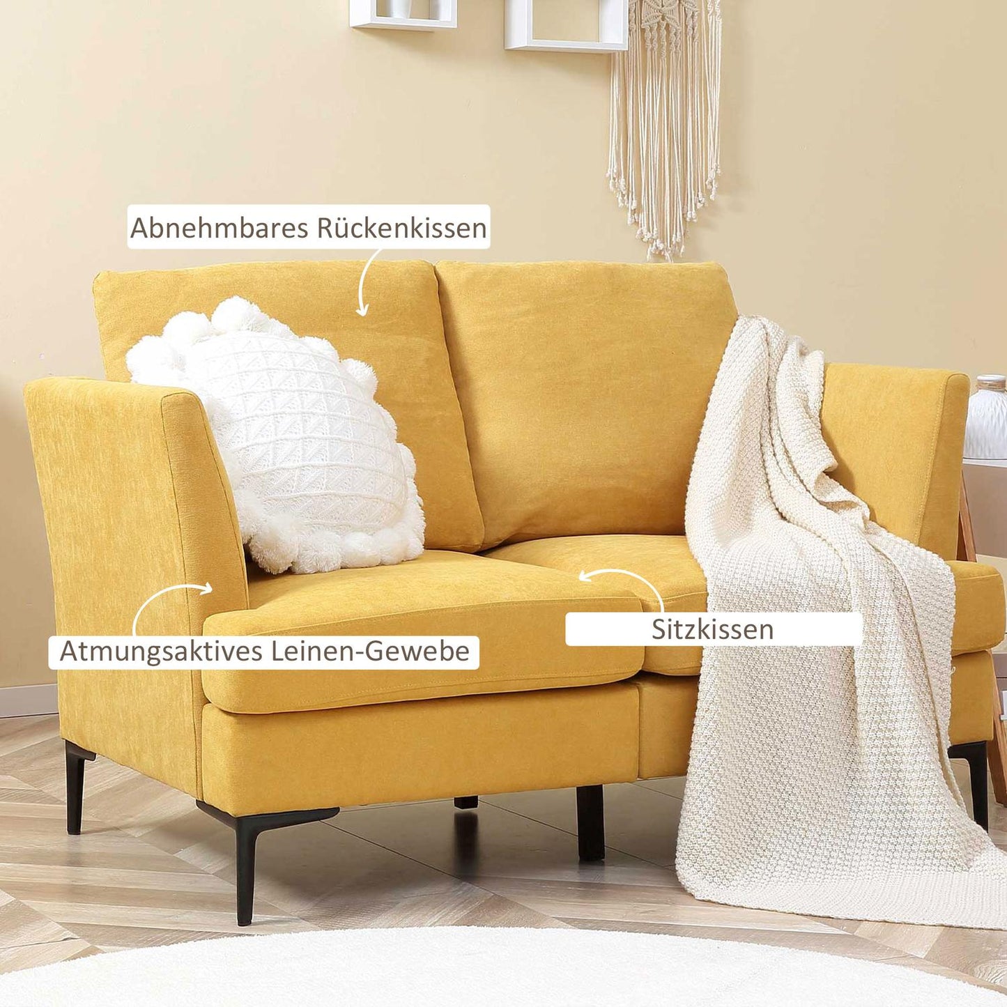 Yellow retro 2-seater Loveseat, linen look, 300 kg capacity