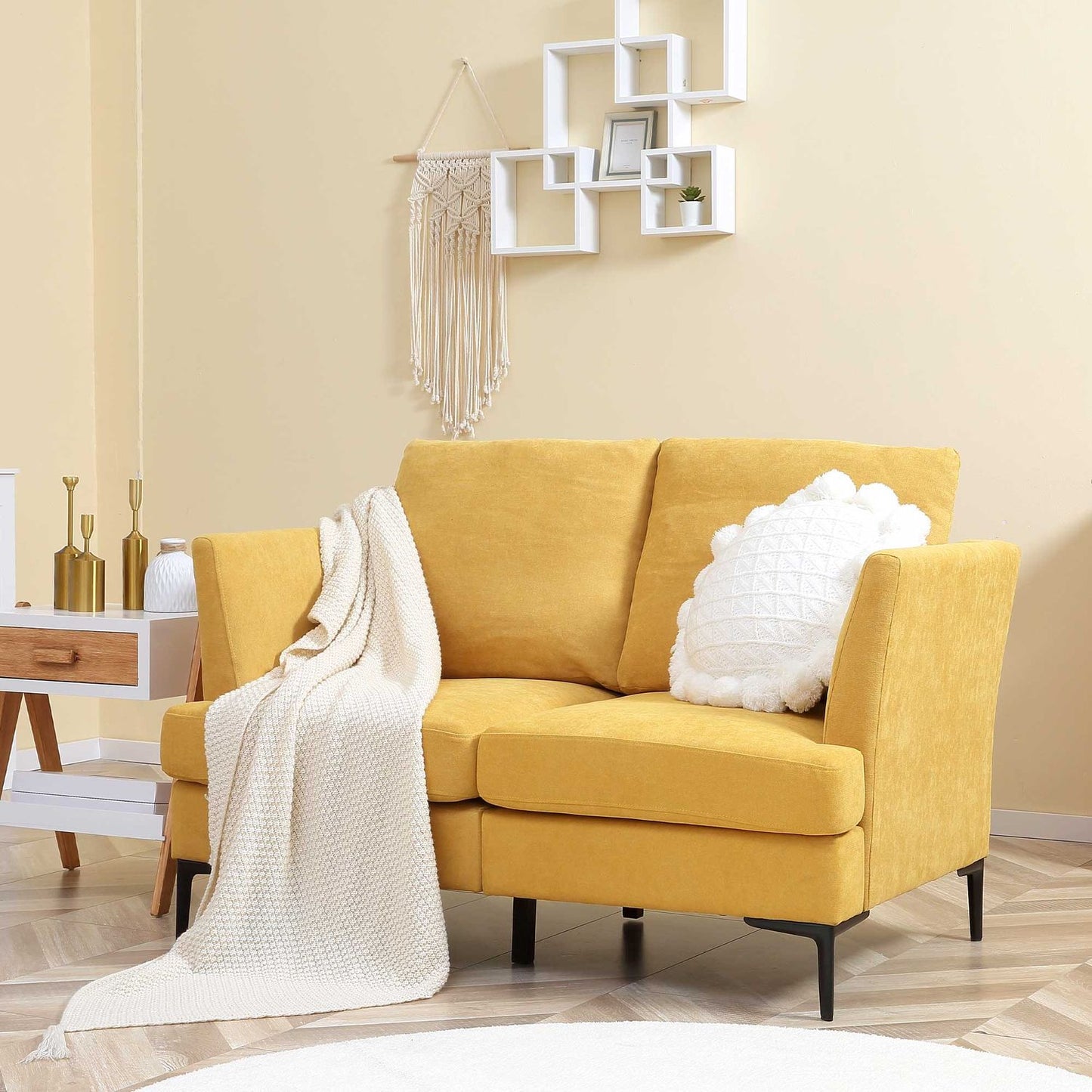 Yellow retro 2-seater Loveseat, linen look, 300 kg capacity