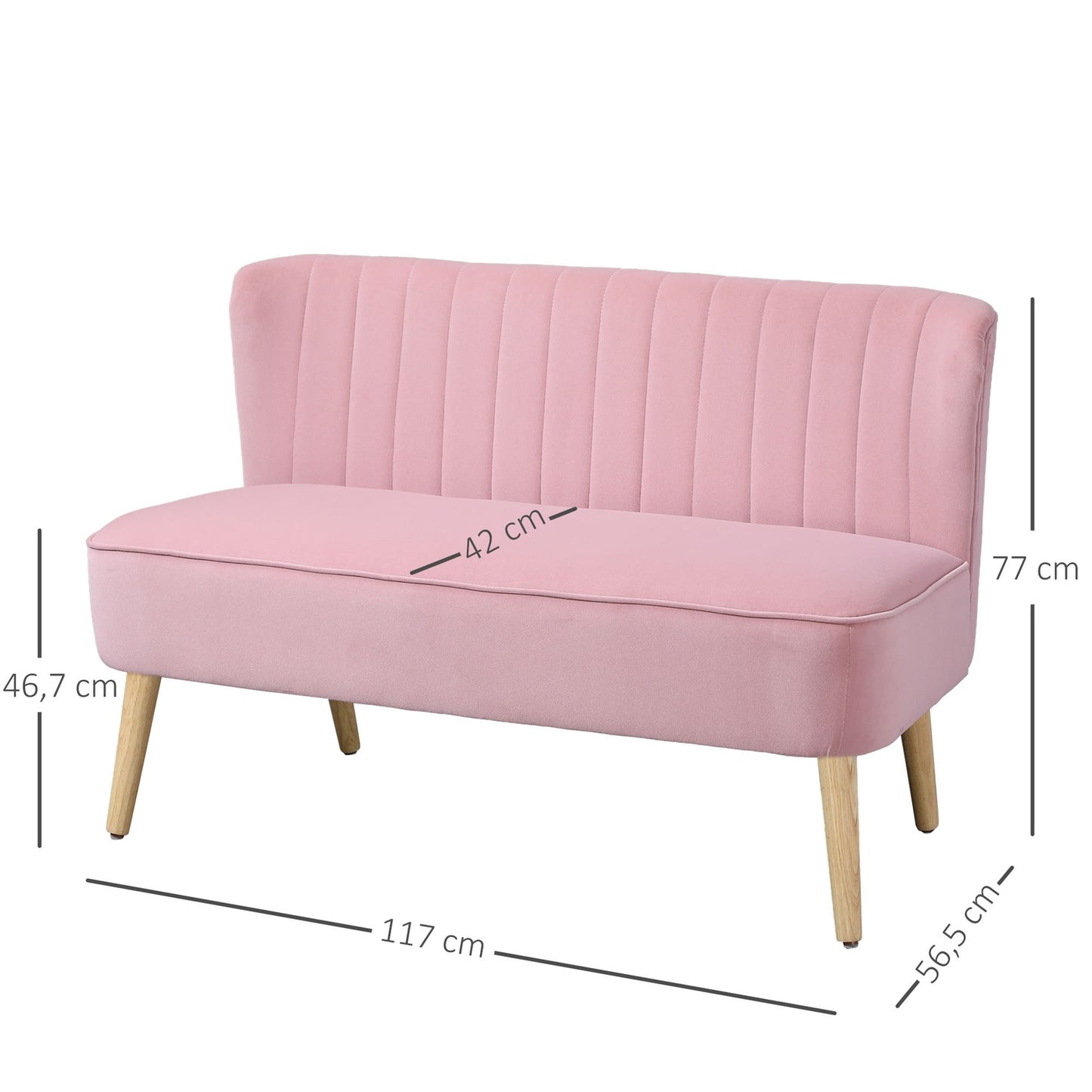 2-seater pink upholstered sofa - velvet-like fabric, 117x56.5x77 cm