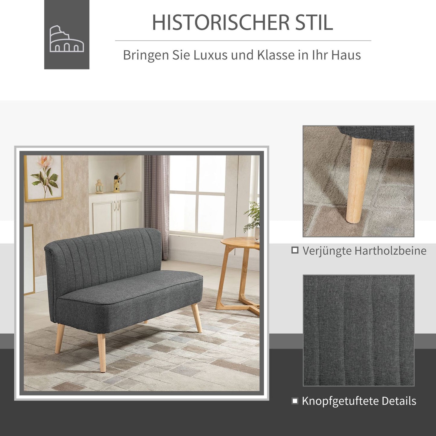 2-seater dark gray fabric sofa with wooden frame