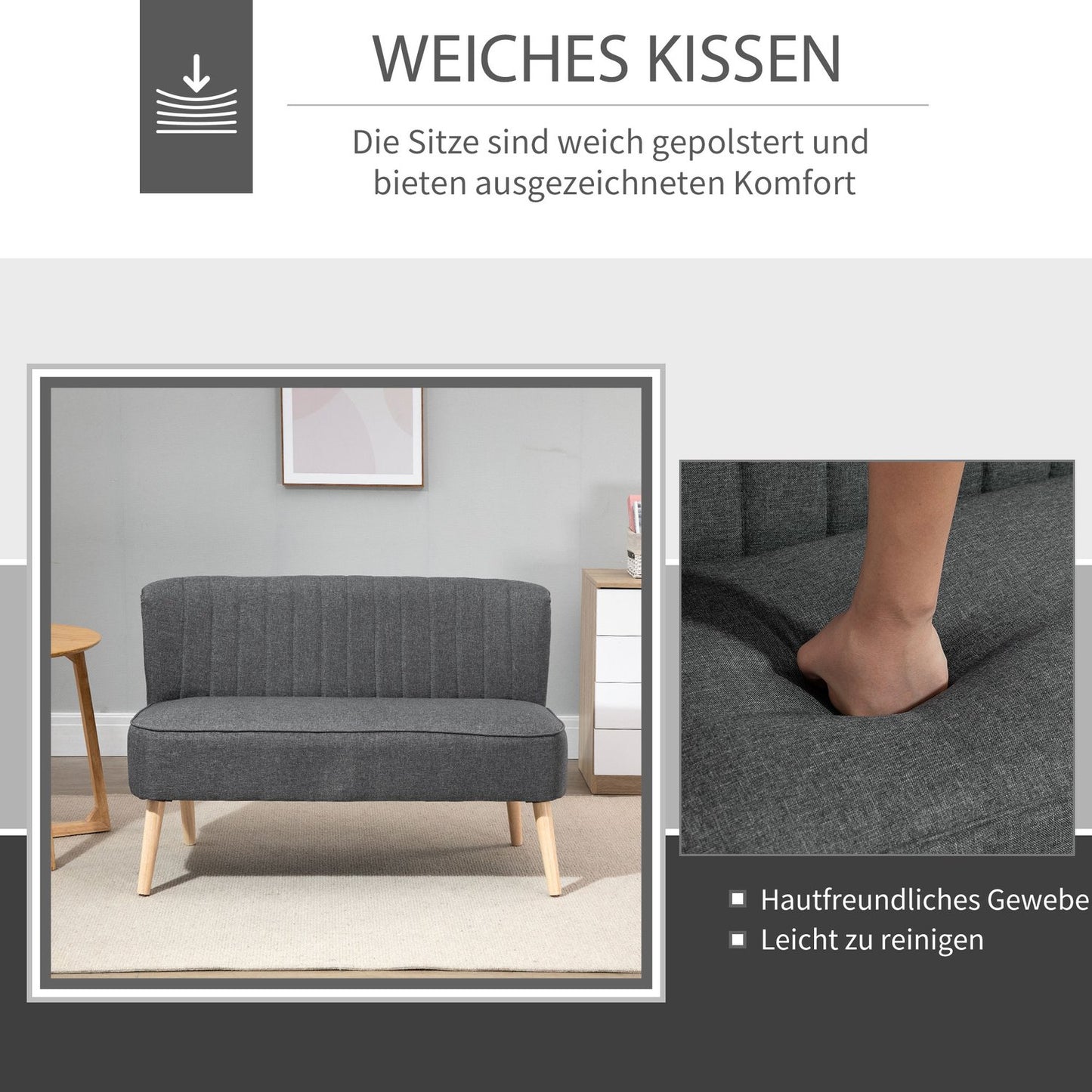 2-seater dark gray fabric sofa with wooden frame