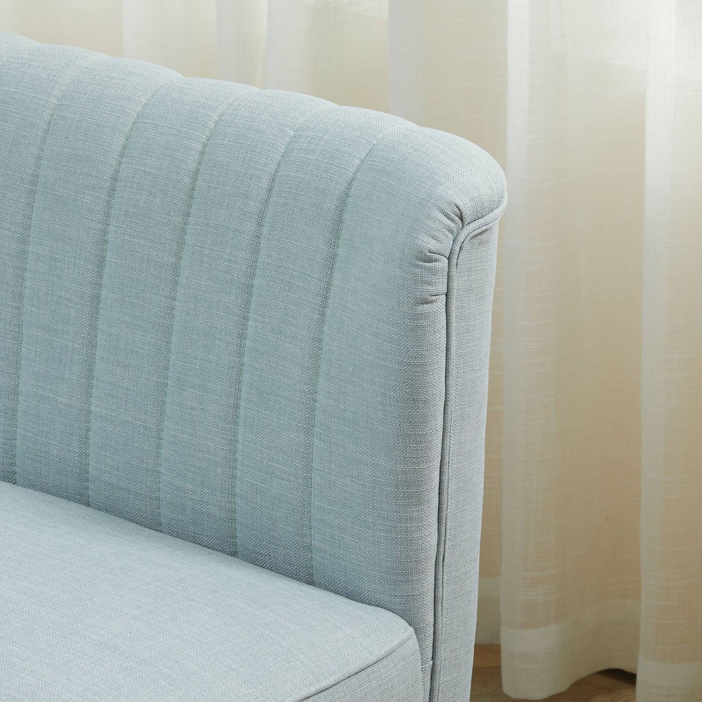 2-seater light green fabric sofa - wooden frame, foam padding