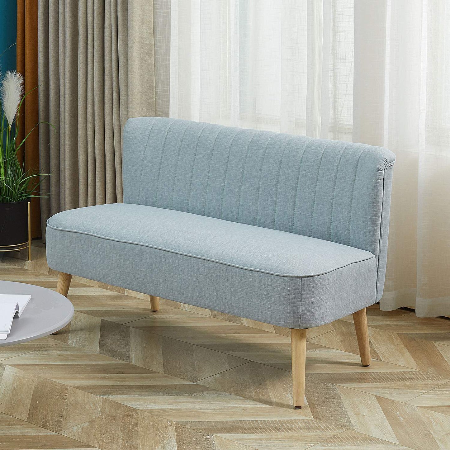 2-seater light green fabric sofa - wooden frame, foam padding
