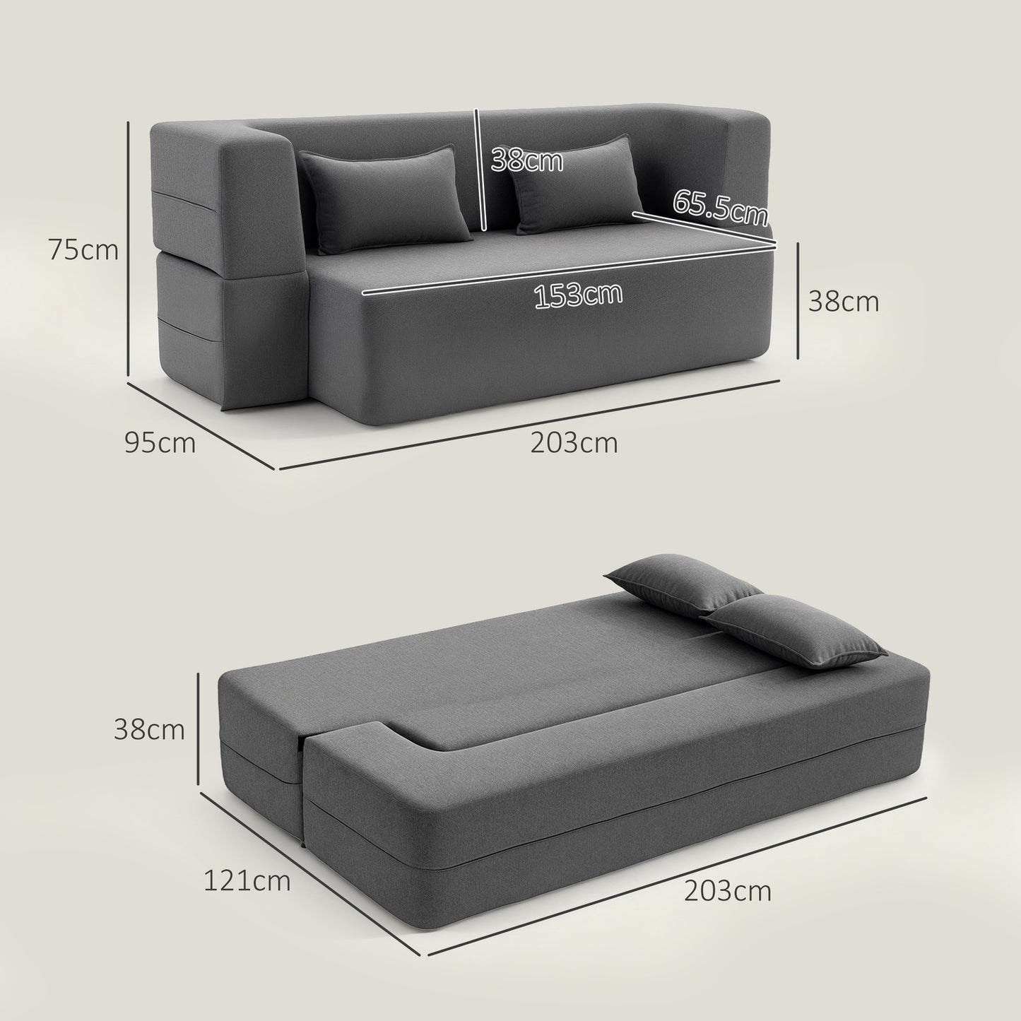 2-Seater Foam Sofa Bed, Wide Armrests, 360kg Capacity, Grey