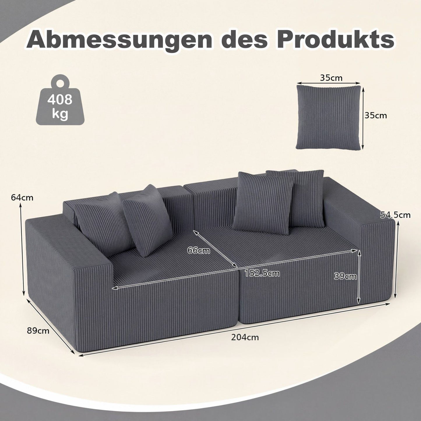 2-Seater Gray Corduroy Sofa with Deep Seat and Cushions