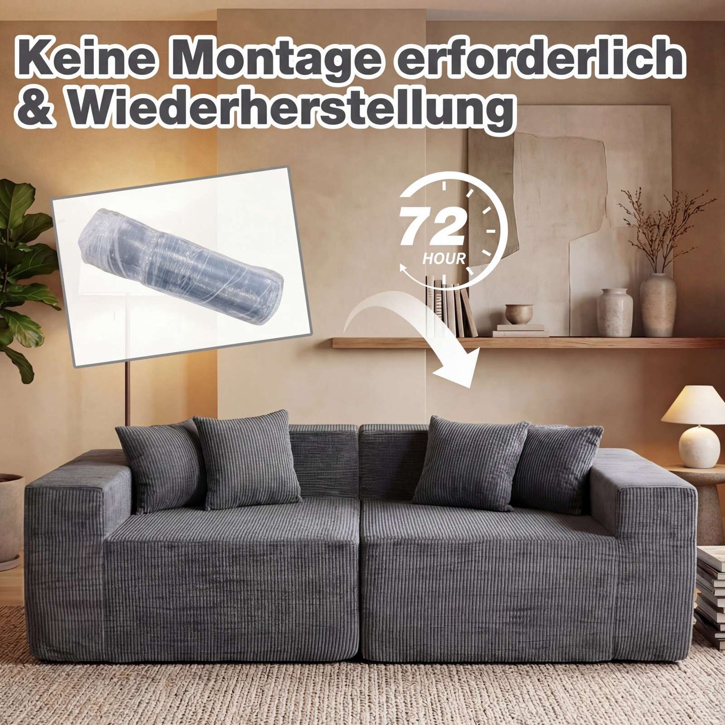 2-Seater Gray Corduroy Sofa with Deep Seat and Cushions