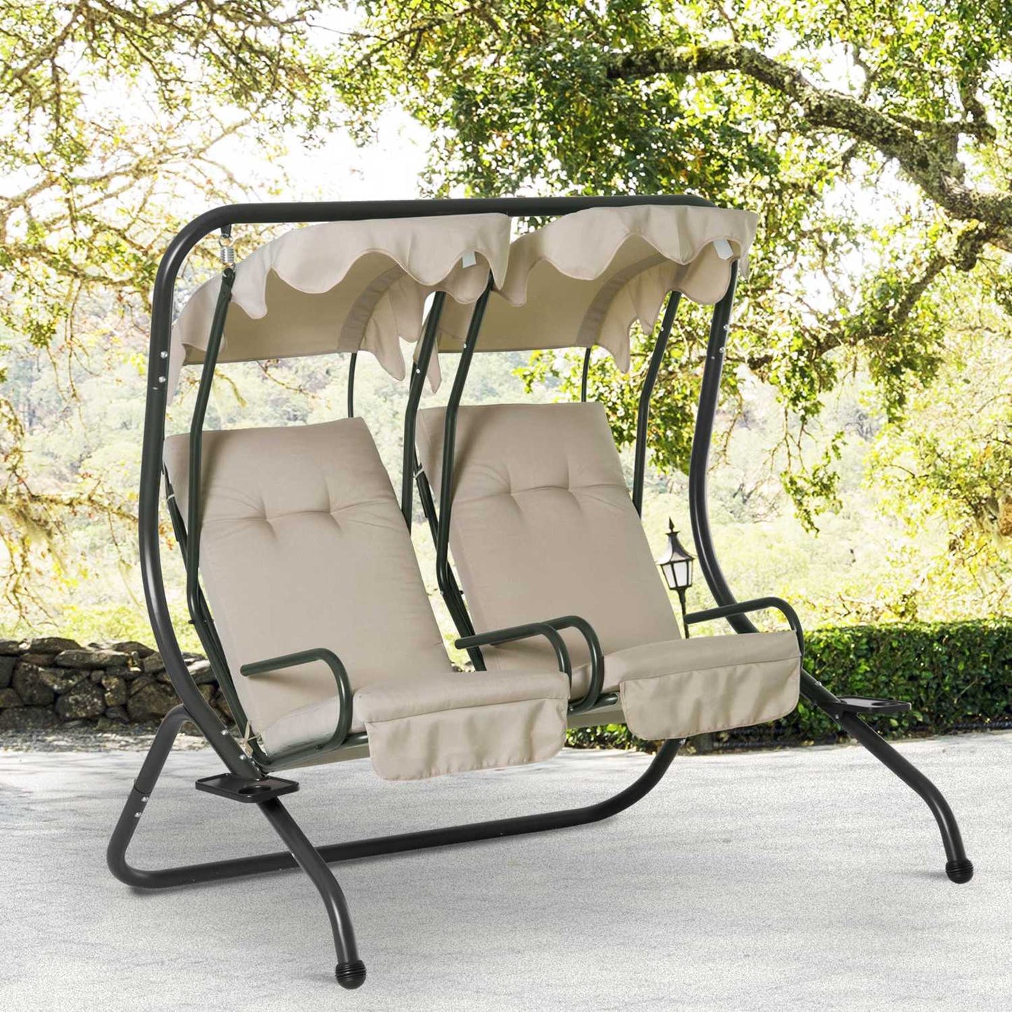 2-seat garden swing with canopy, beige steel frame