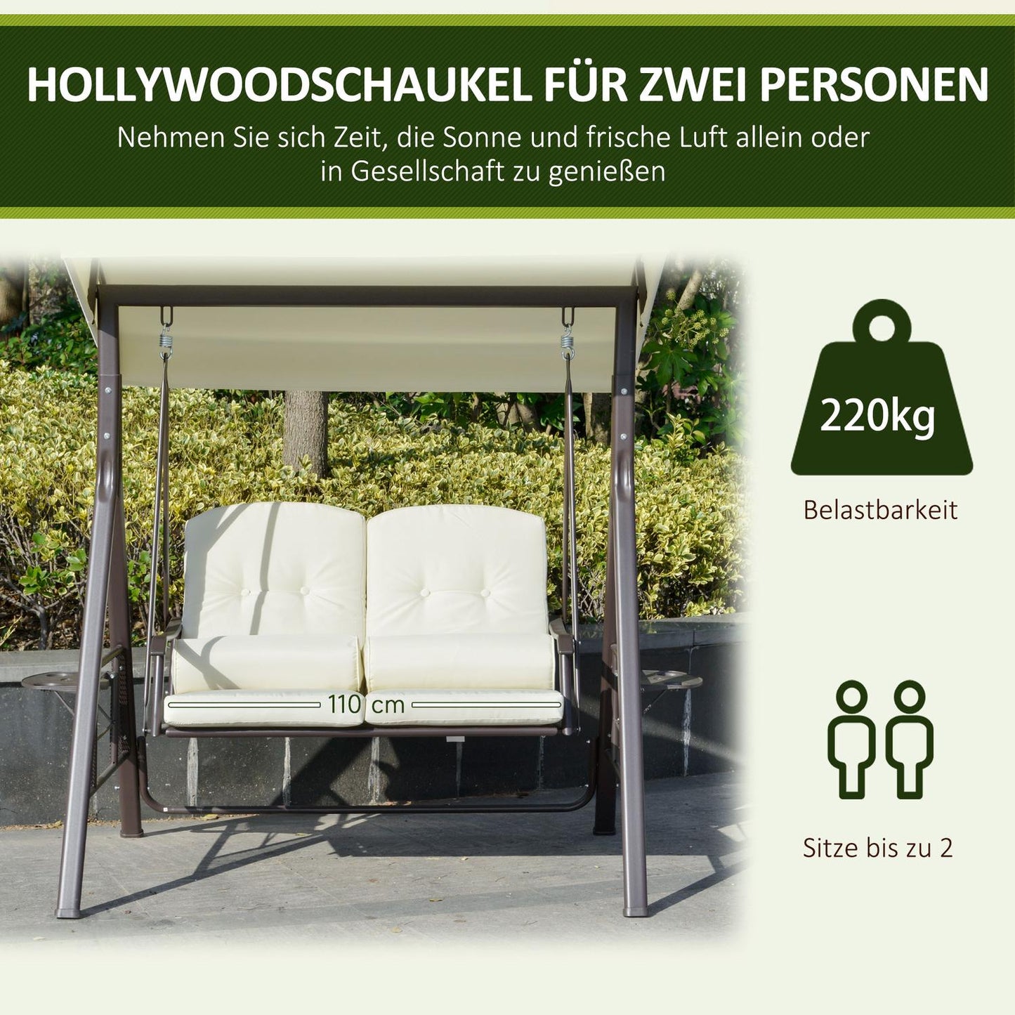2-seat garden swing with canopy and cushion, beige