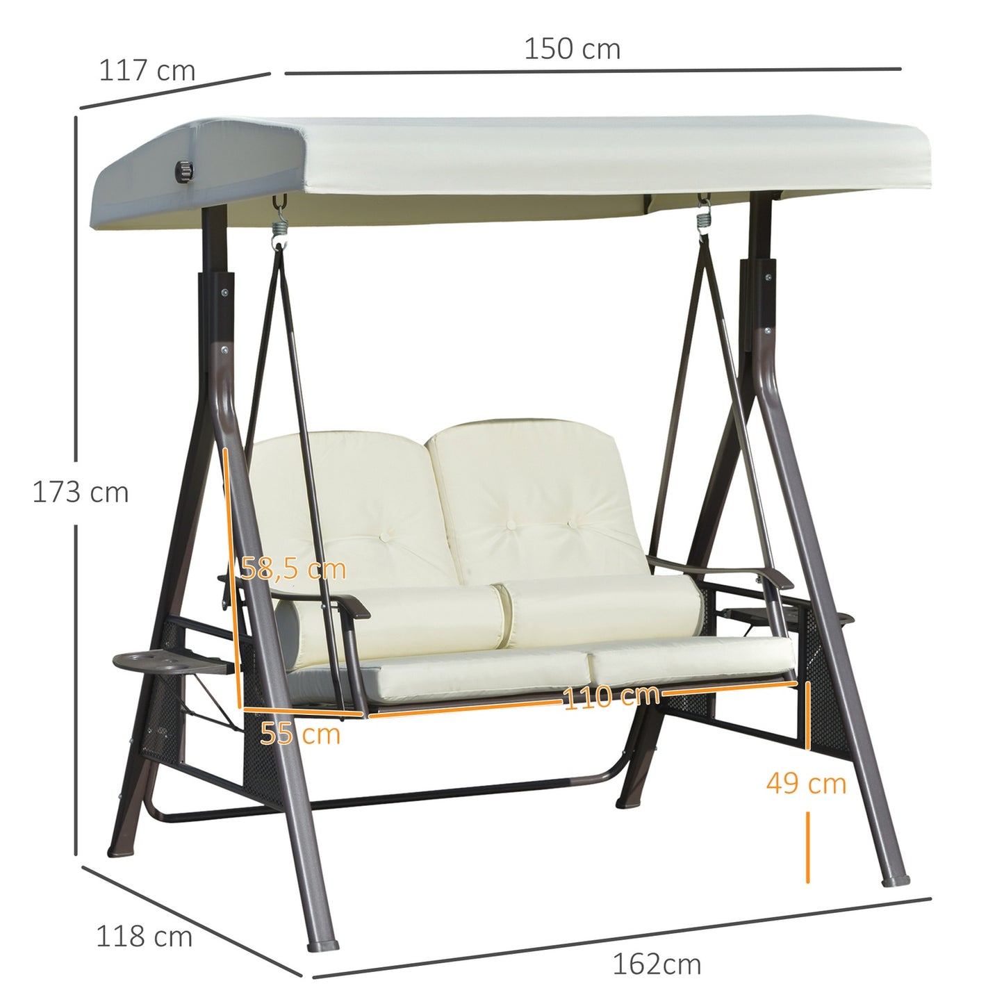 2-seat garden swing with canopy and cushion, beige