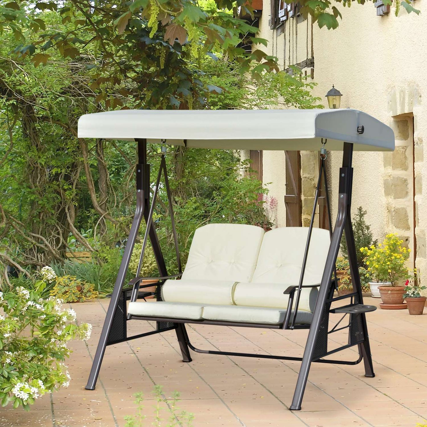 2-seat garden swing with canopy and cushion, beige