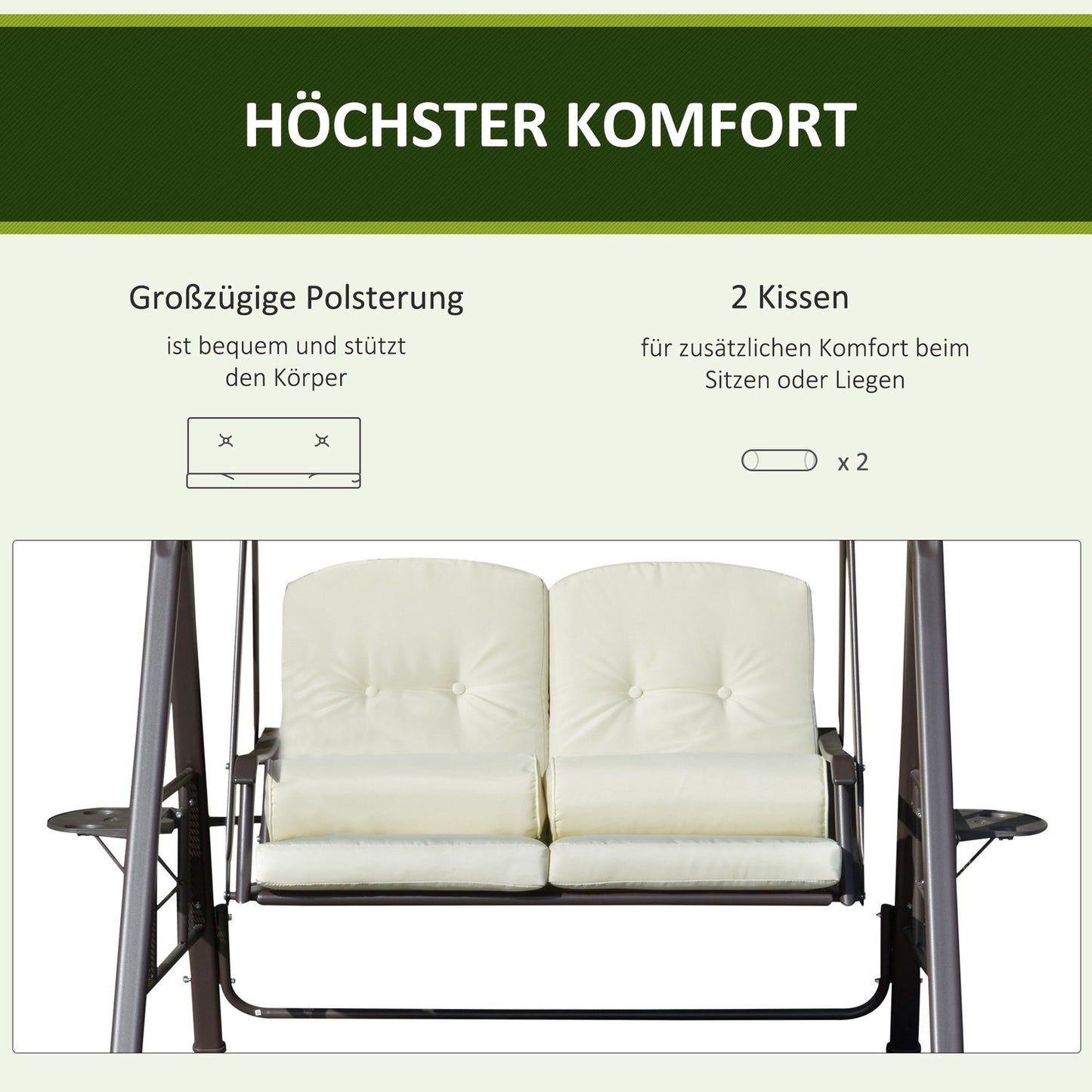 2-seat garden swing with canopy and cushion, beige