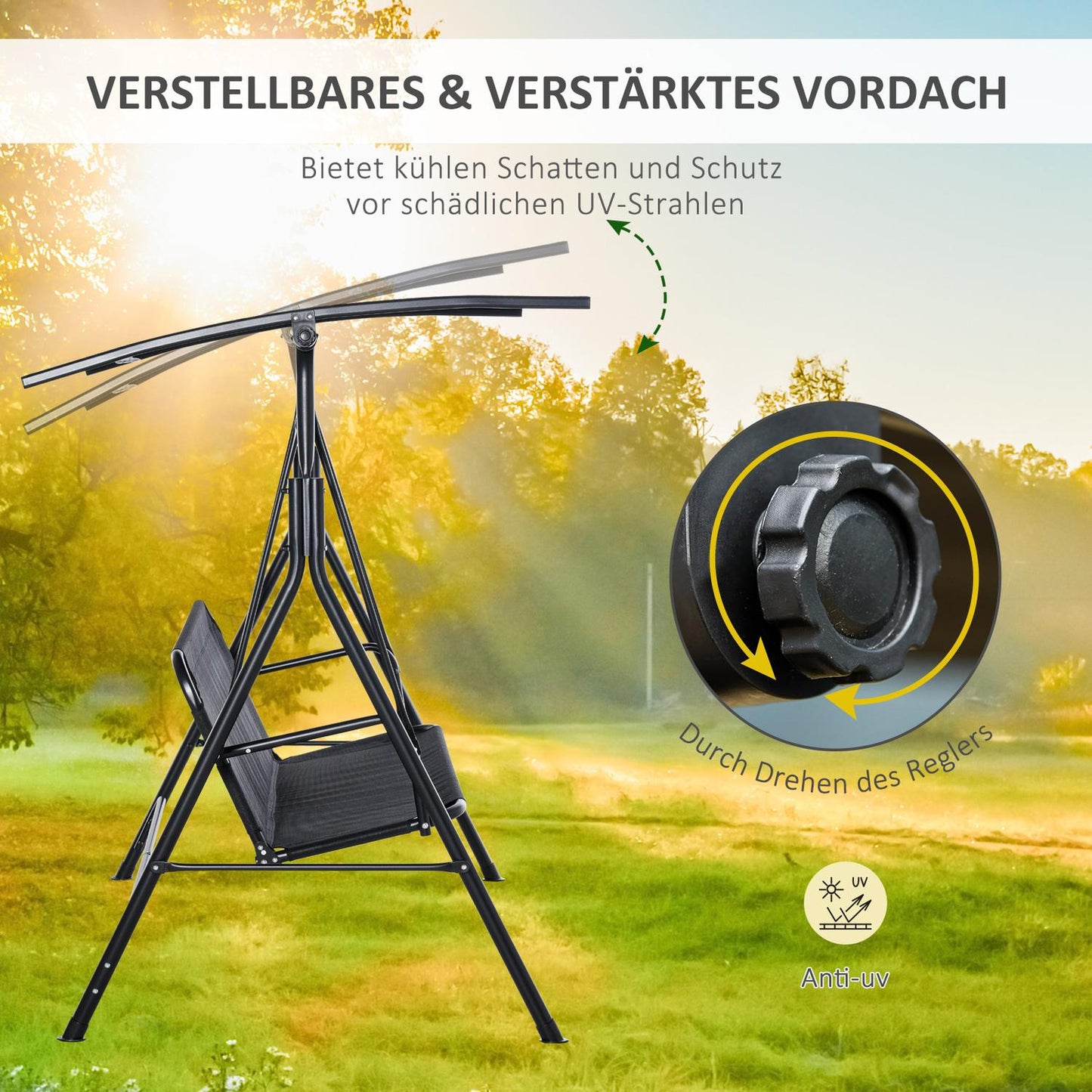 2-seat adjustable outdoor swing, UV-resistant black metal