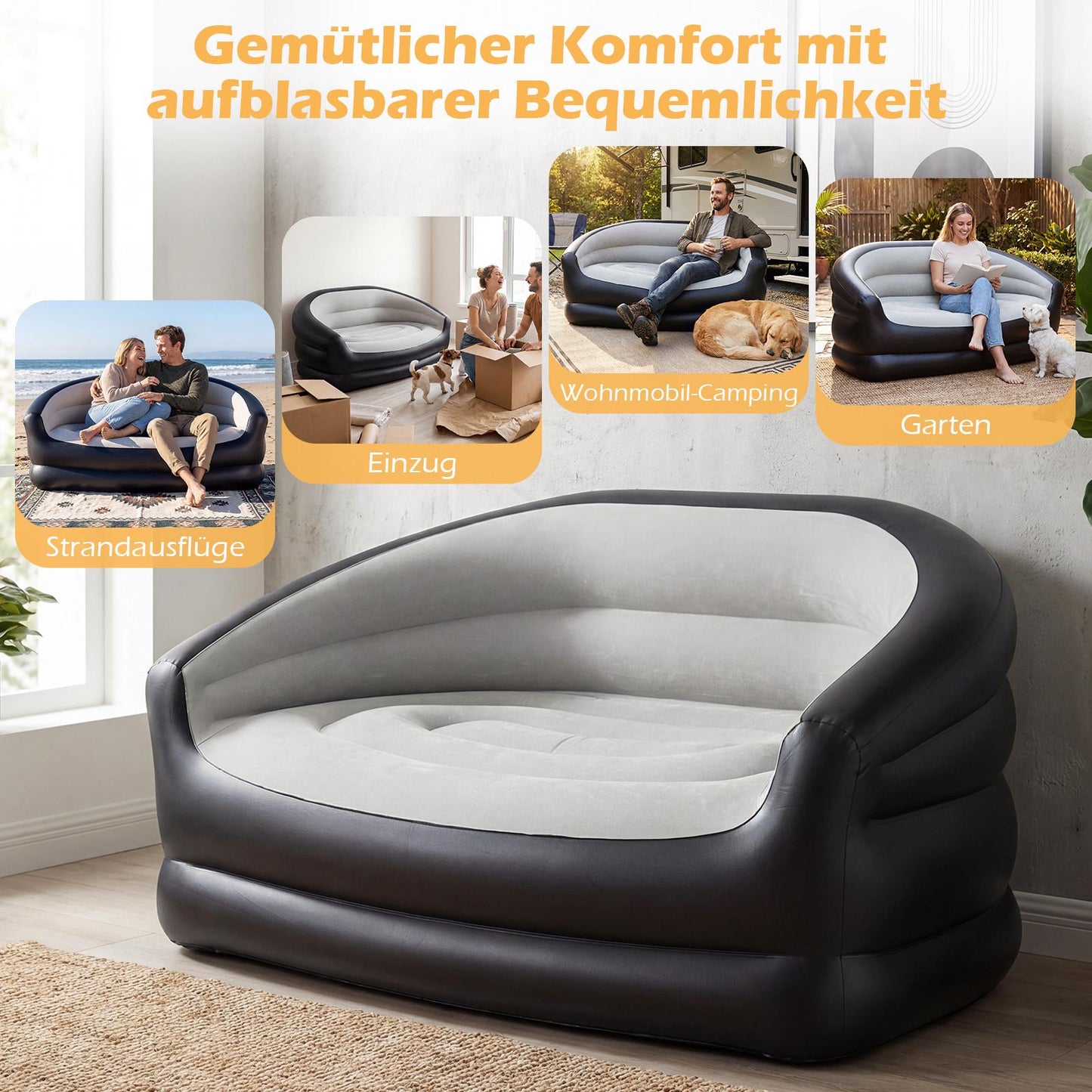 2-Seater Inflatable Sofa with Flocked Surface & Armrests