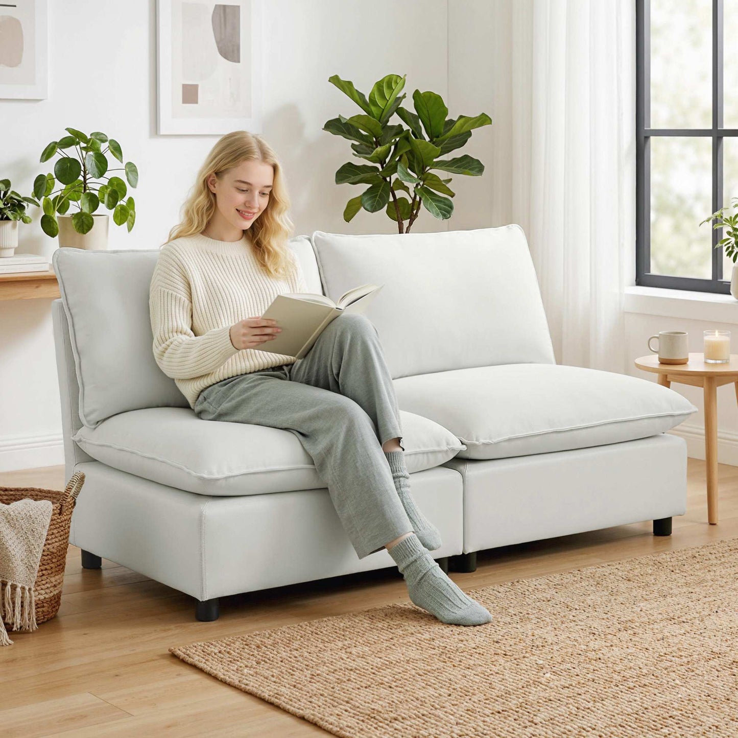 2-Seater Modular Sofa, 146 cm Faux Leather, Grey