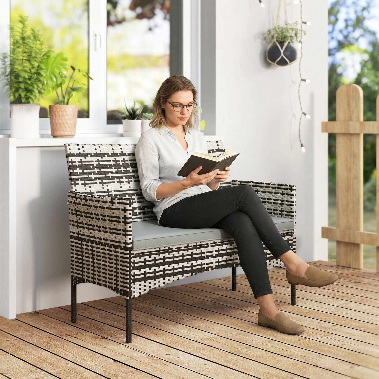 2-Seater Outdoor Rattan Sofa with Cushions, Dark Grey