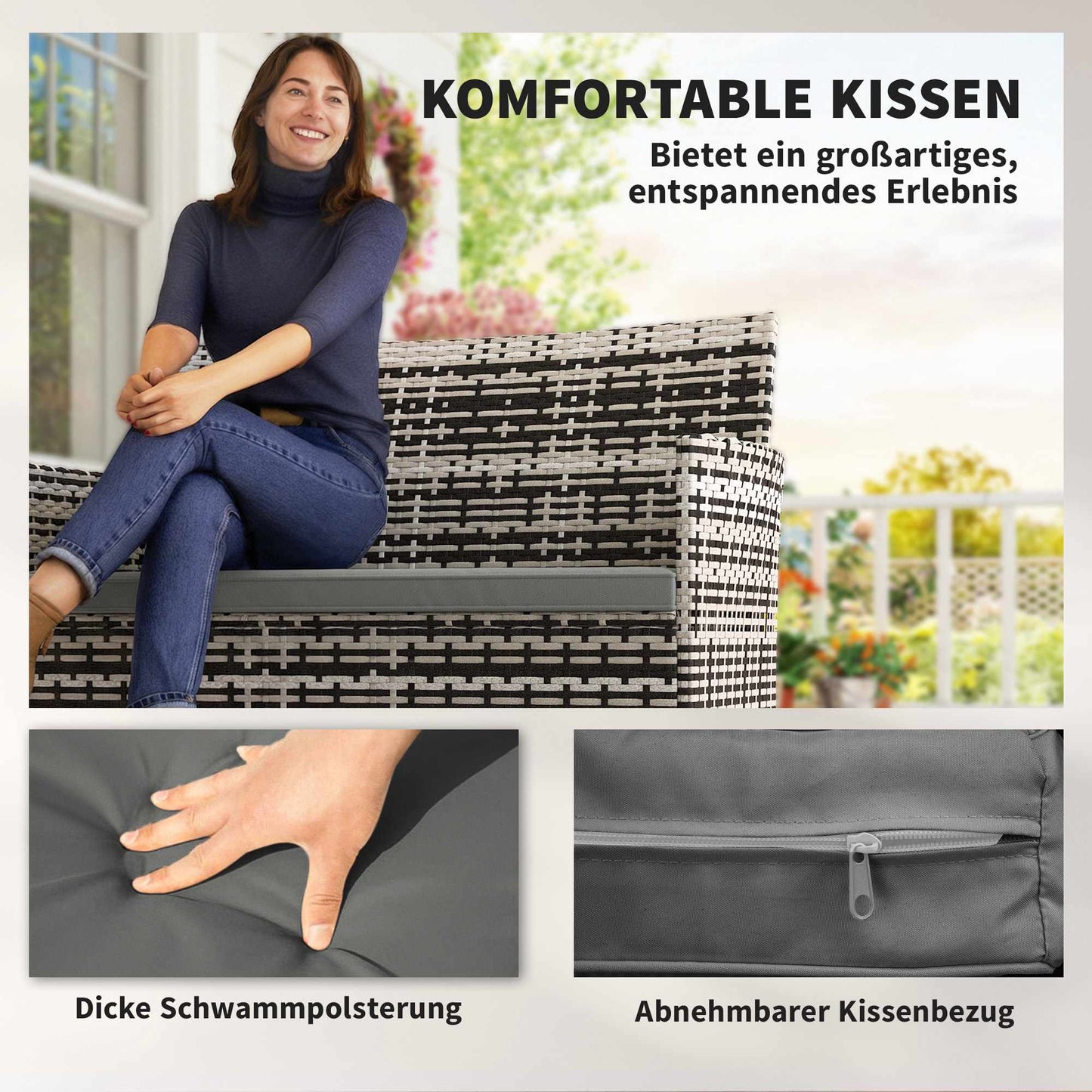 2-Seater Outdoor Rattan Sofa with Cushions, Dark Grey