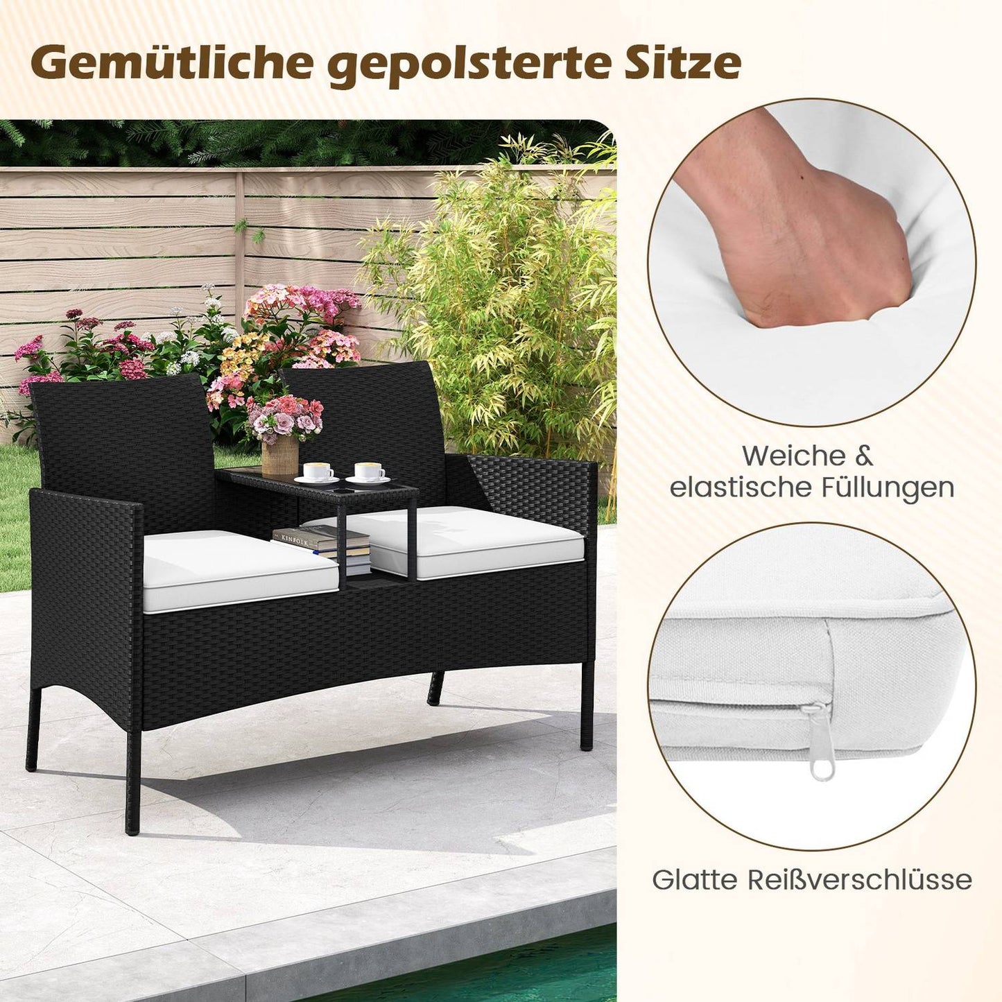 2-Seater Polyrattan Garden Bench with Table, White