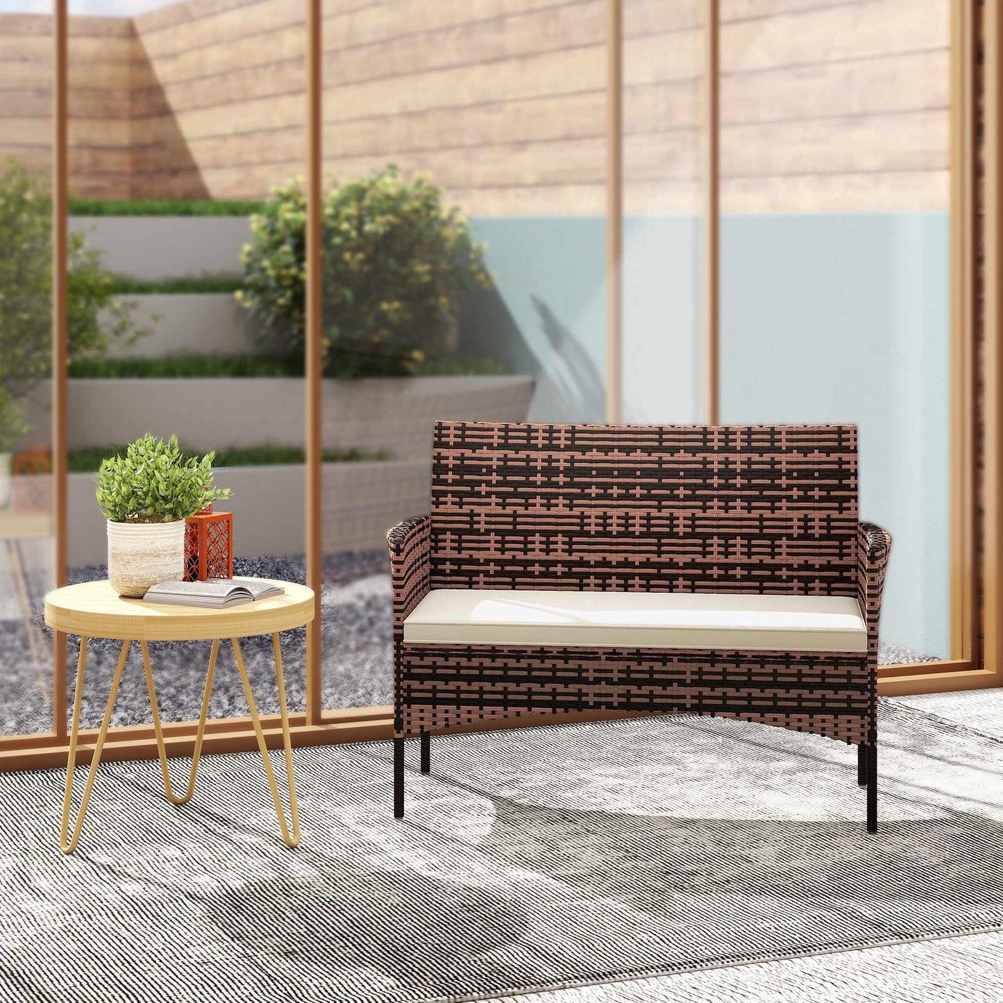 2-Seater Rattan Garden Sofa with Cushions, Khaki/Brown