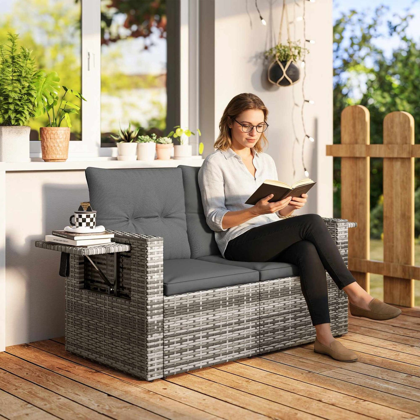 2-Seater Rattan Sofa with Hidden Trays and Cushions
