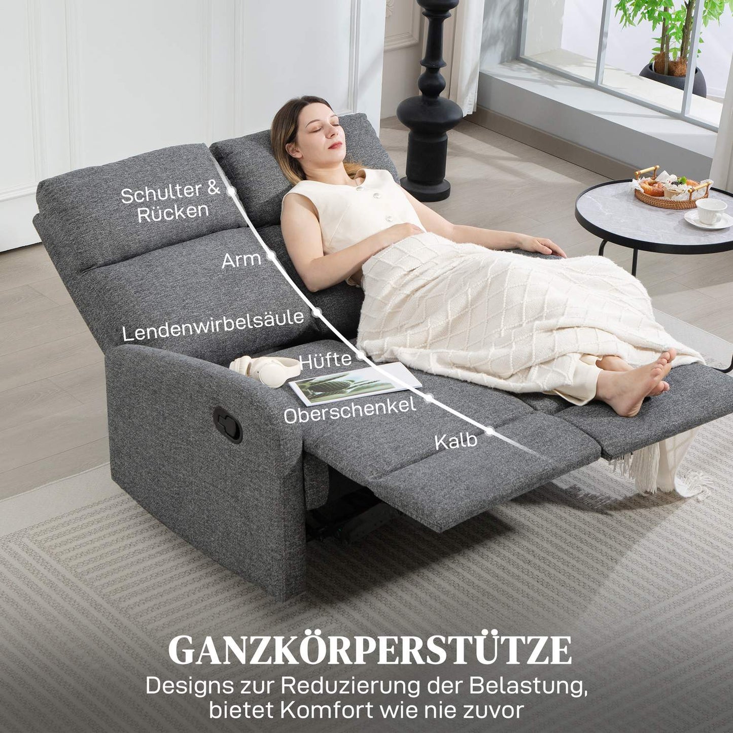 2-Seater Recliner Sofa, Adjustable Backrests, Grey Fabric