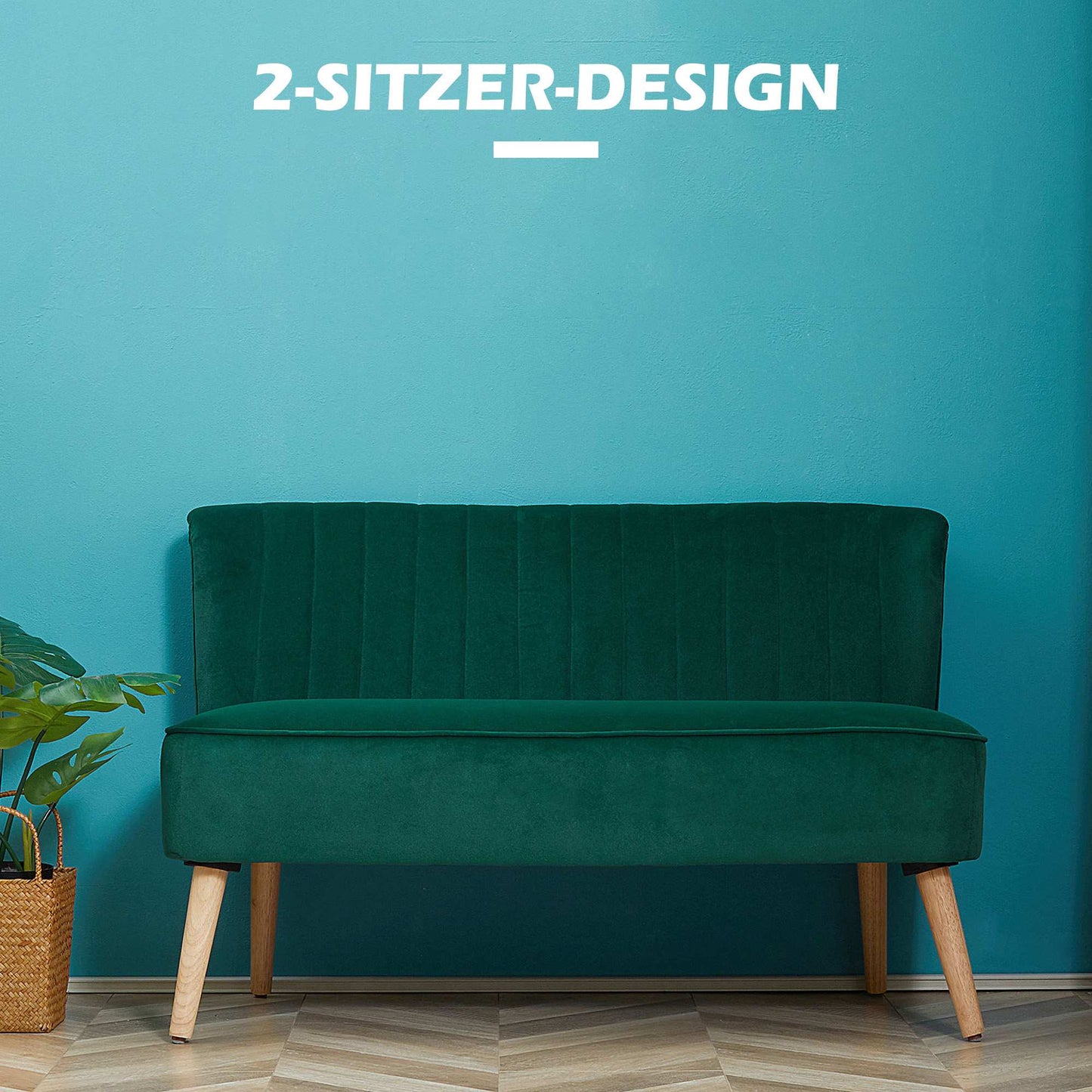 2-Seater Retro Sofa, Dark Green, Wood Legs, 117 cm