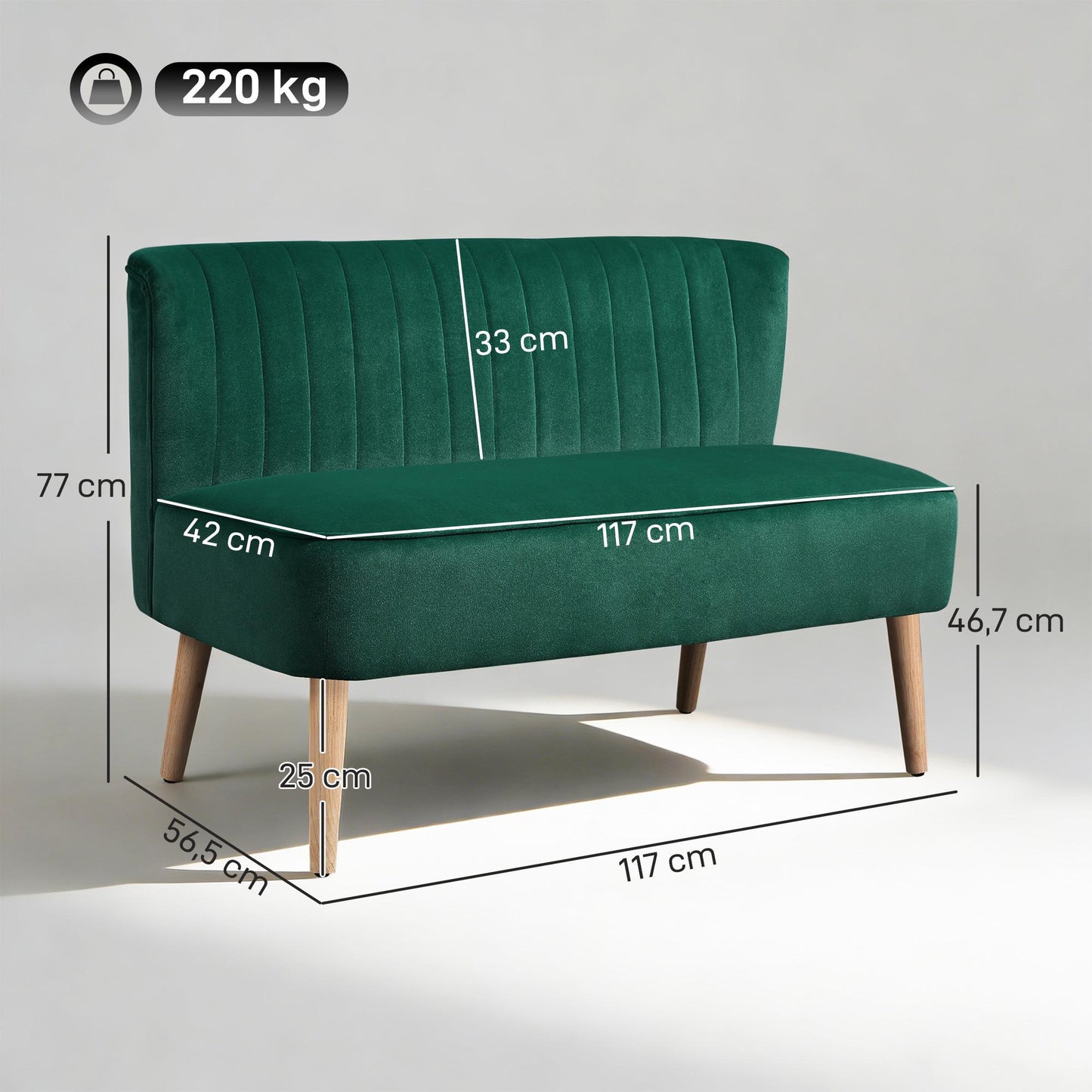 2-Seater Retro Sofa, Dark Green, Wood Legs, 117 cm